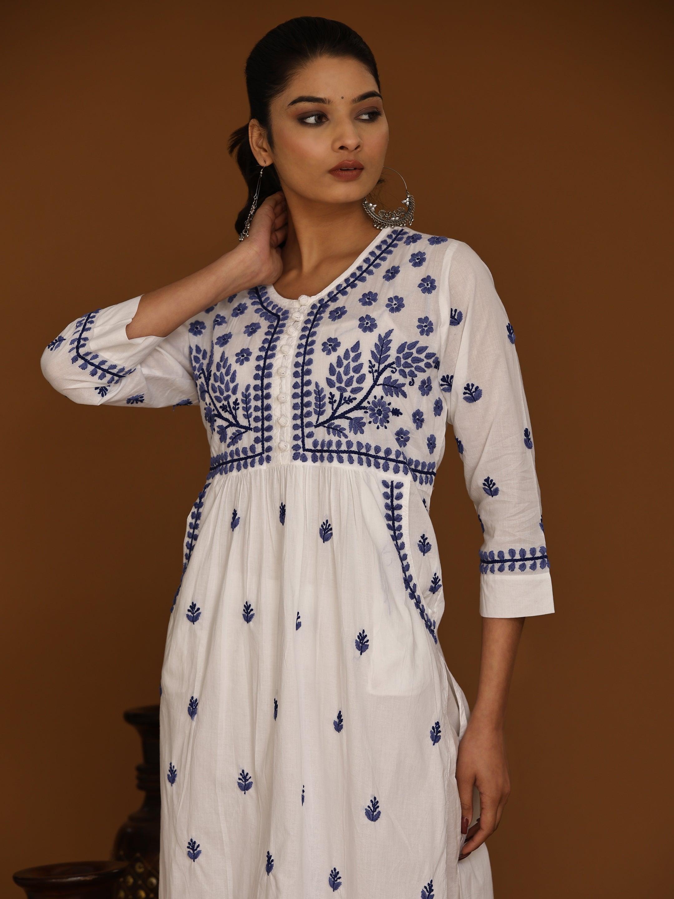 NOOR Chikankari Kurta With Pocket - White With Blue - House Of Kari (Chikankari Clothing)