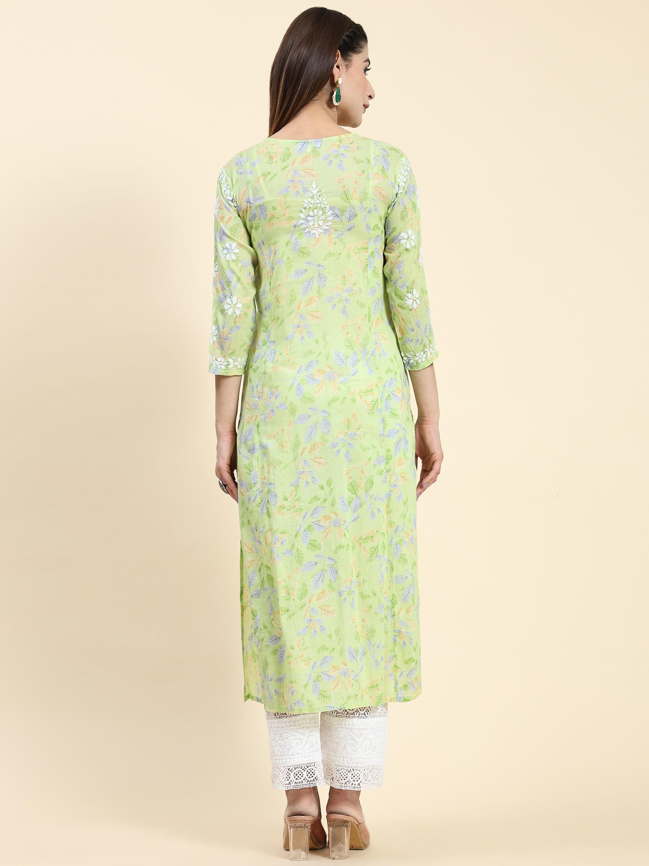 Samma Chikankari Long Kurta in Mul Cotton for Women- Light Green - House Of Kari (Chikankari Clothing)