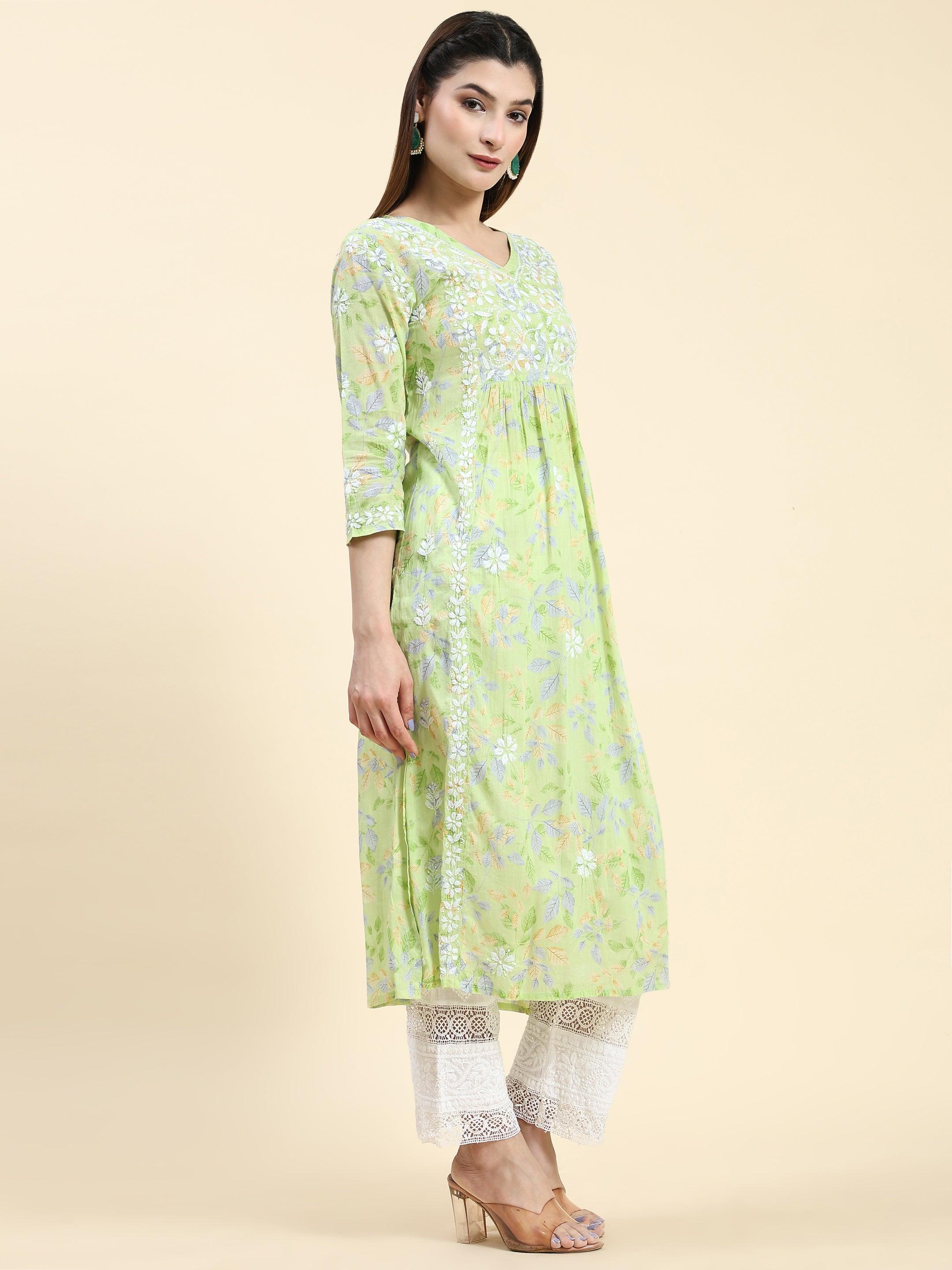 Samma Chikankari Long Kurta in Mul Cotton for Women- Light Green - House Of Kari (Chikankari Clothing)