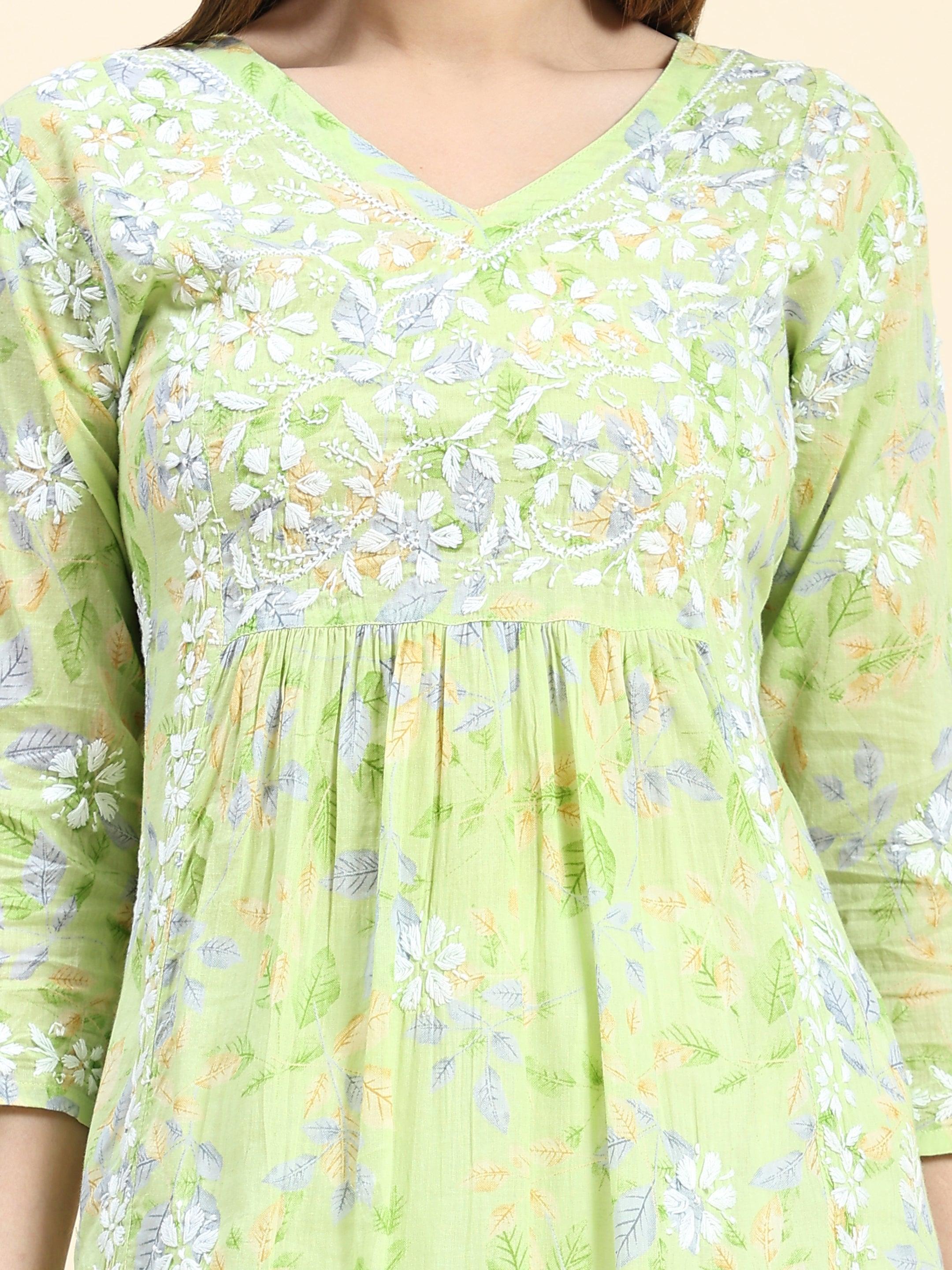 Samma Chikankari Long Kurta in Mul Cotton for Women- Light Green - House Of Kari (Chikankari Clothing)