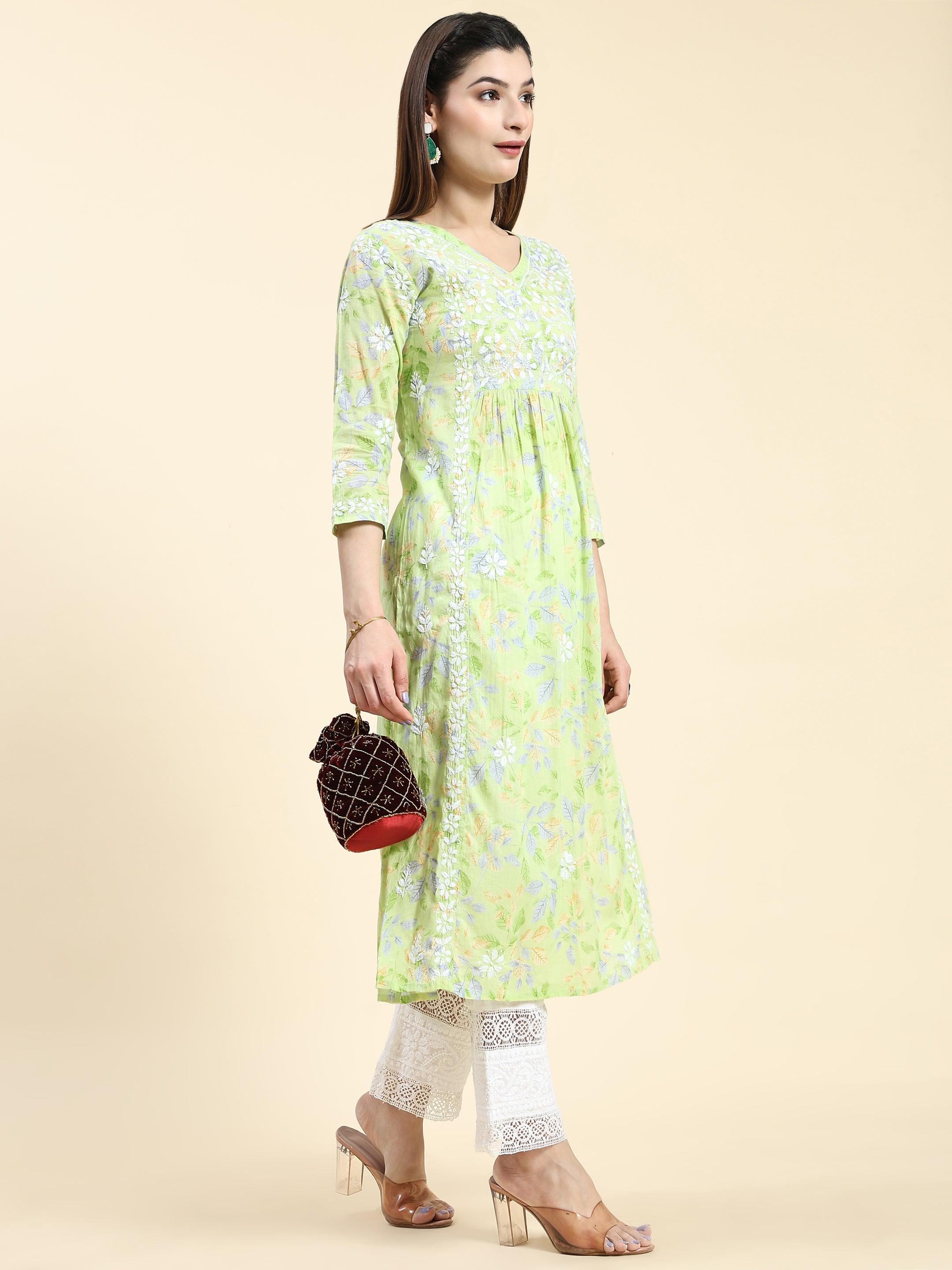 Samma Chikankari Long Kurta in Mul Cotton for Women- Light Green - House Of Kari (Chikankari Clothing)
