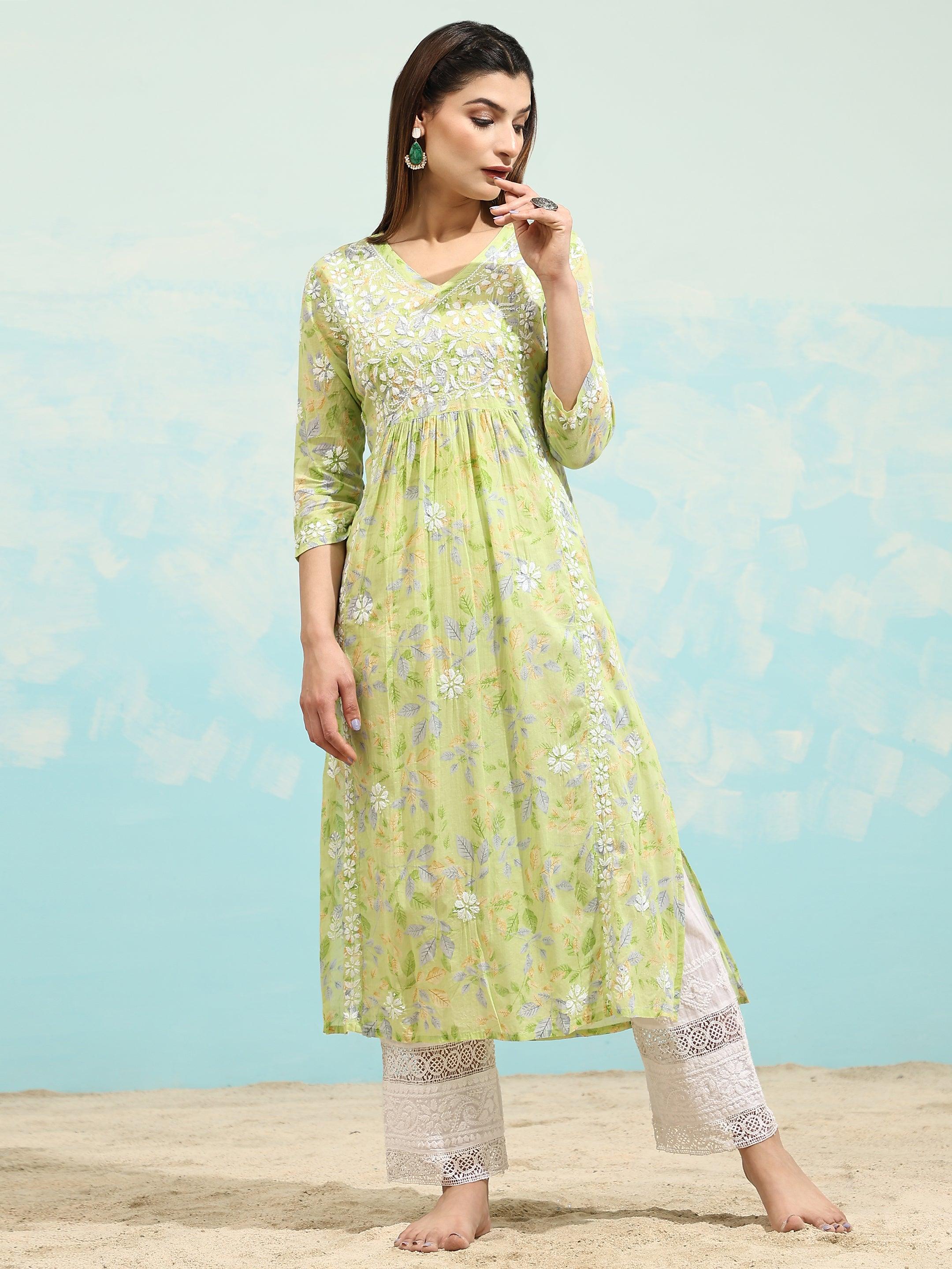 Samma Chikankari Long Kurta in Mul Cotton for Women- Light Green - House Of Kari (Chikankari Clothing)