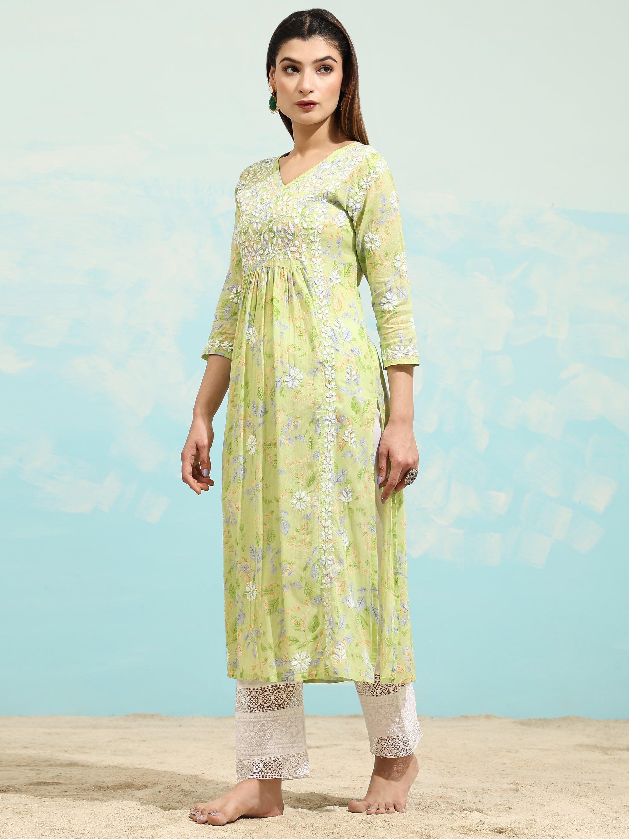 Samma Chikankari Long Kurta in Mul Cotton for Women- Light Green - House Of Kari (Chikankari Clothing)
