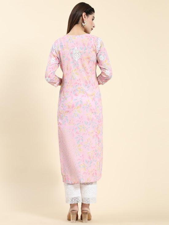 Samma Chikankari Long Kurta in Mul Cotton for Women- Baby Pink - House Of Kari (Chikankari Clothing)