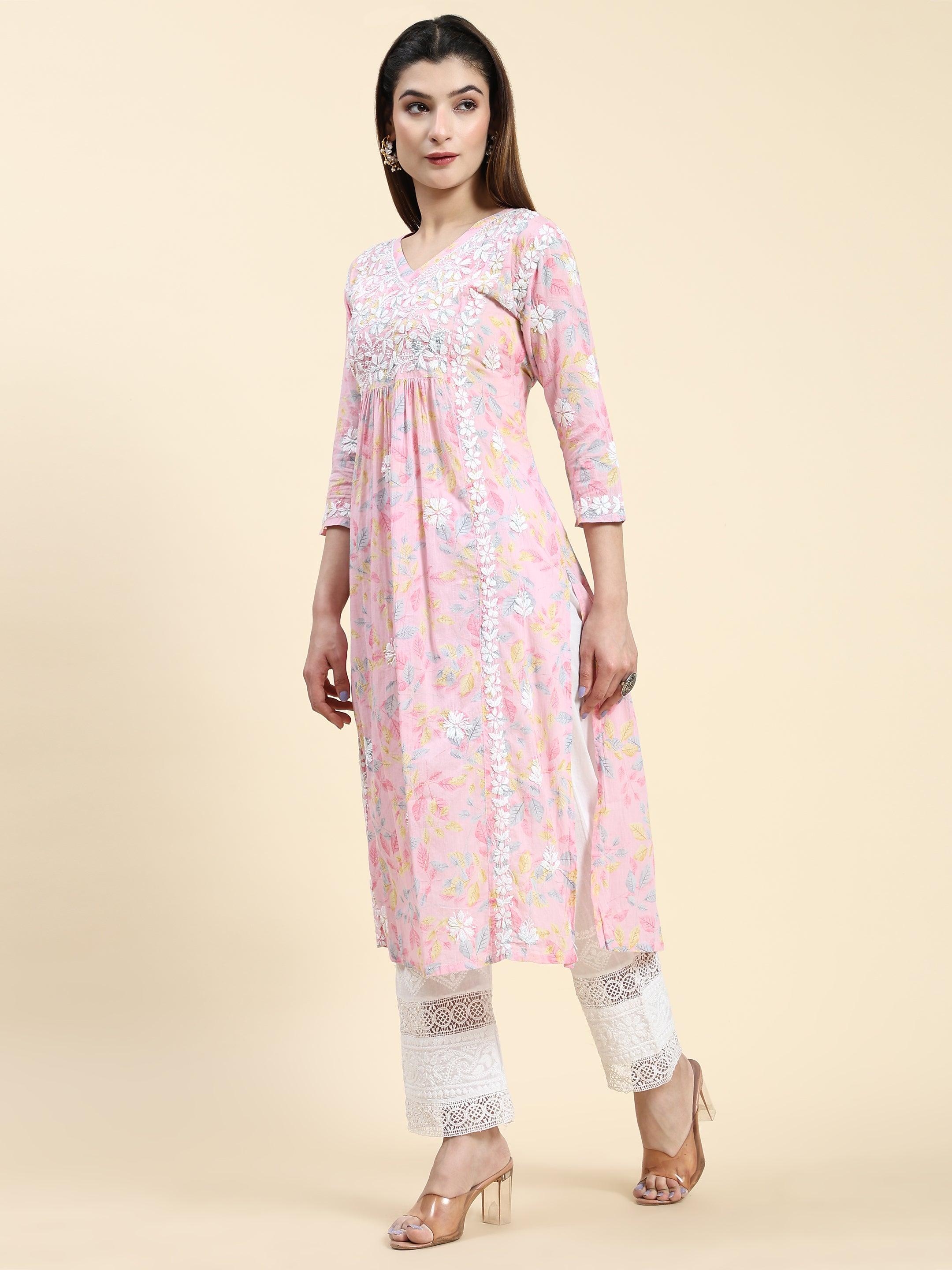 Samma Chikankari Long Kurta in Mul Cotton for Women- Baby Pink - House Of Kari (Chikankari Clothing)