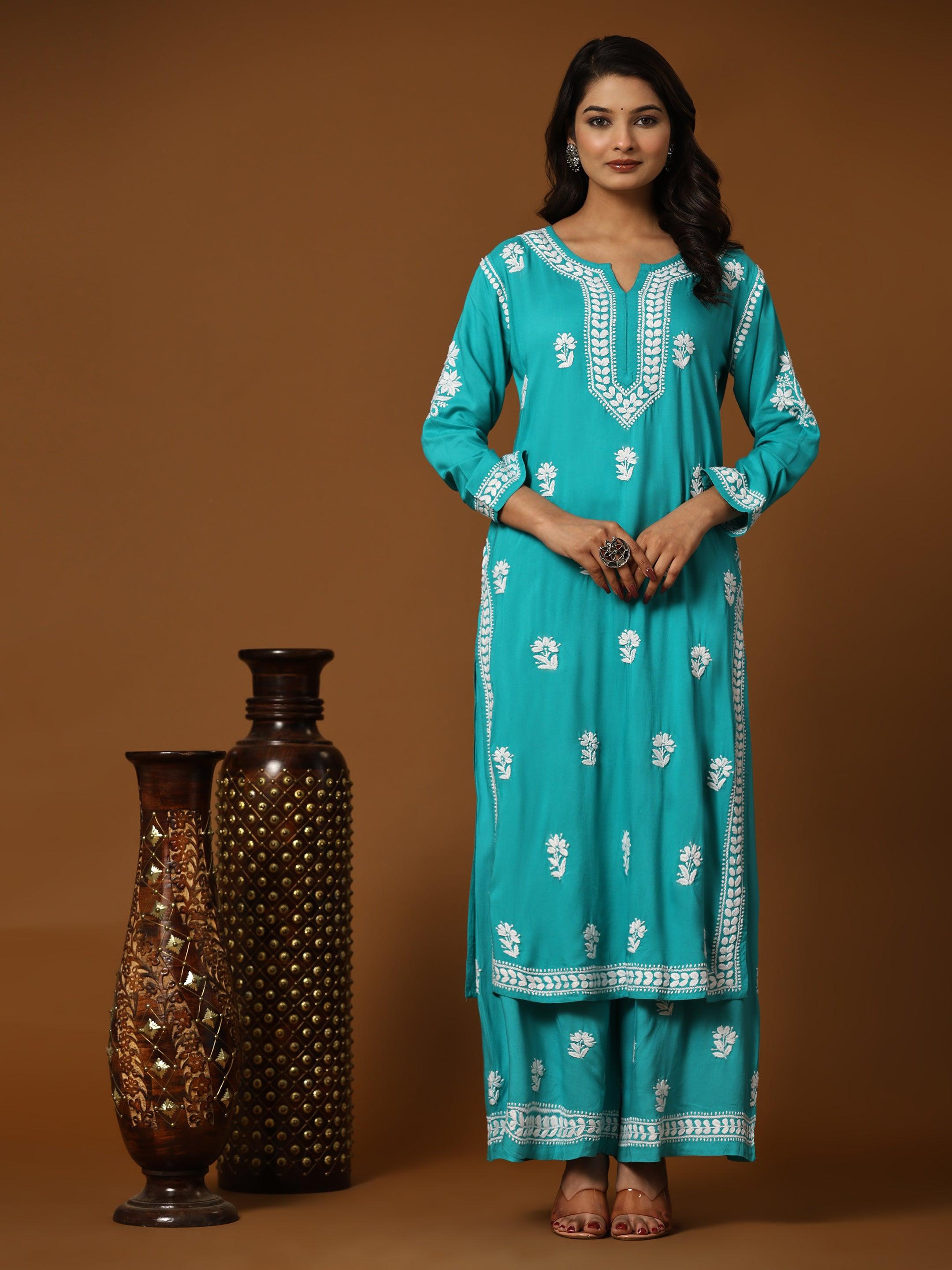 Noor Chikankari CO-ORD Set In Rayon for Women In Blue Turquoise - House Of Kari (Chikankari Clothing)