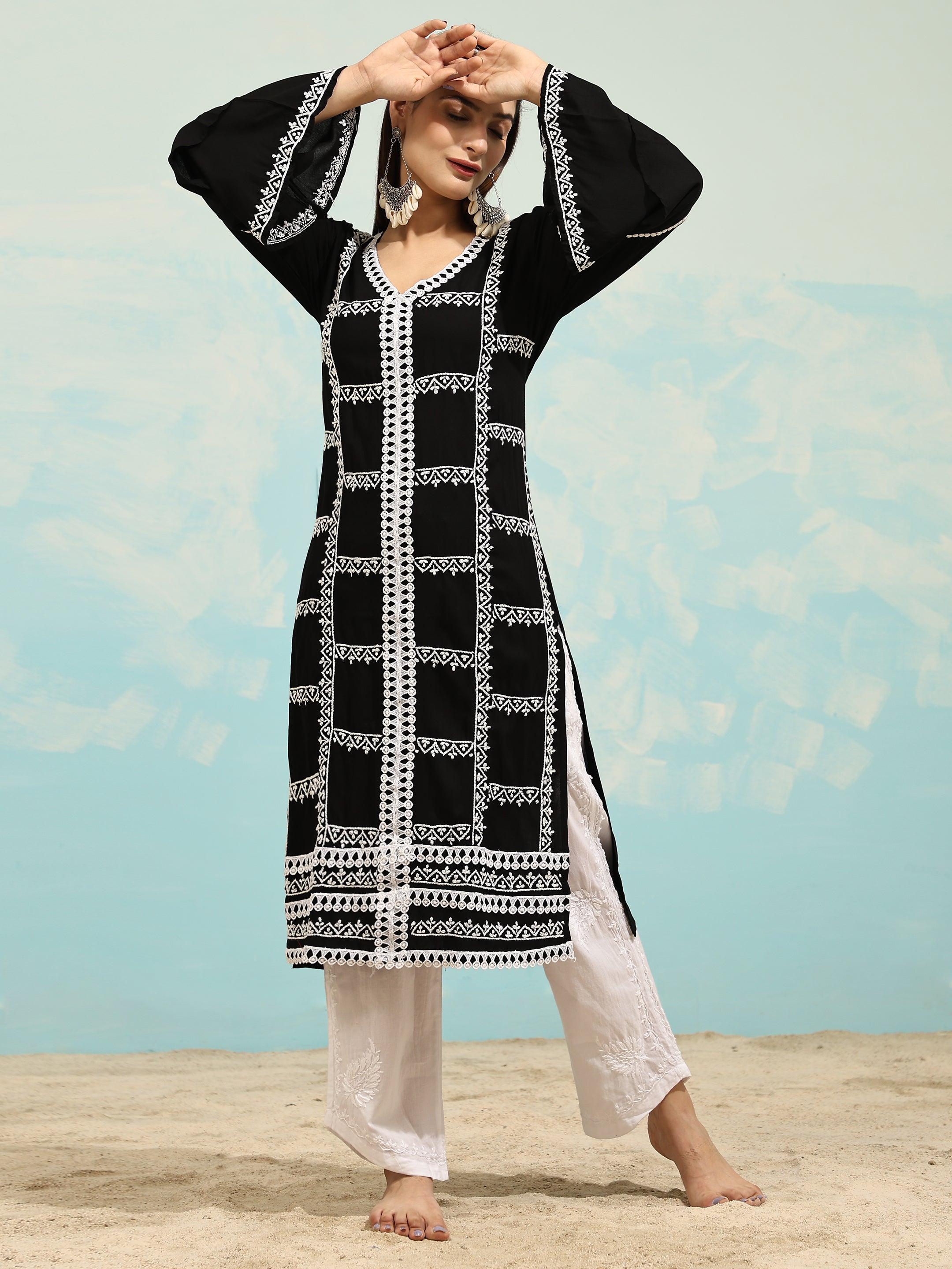 Samma Chikankari Long Kurta in Rayon Cotton for Women- Black With White - House Of Kari (Chikankari Clothing)