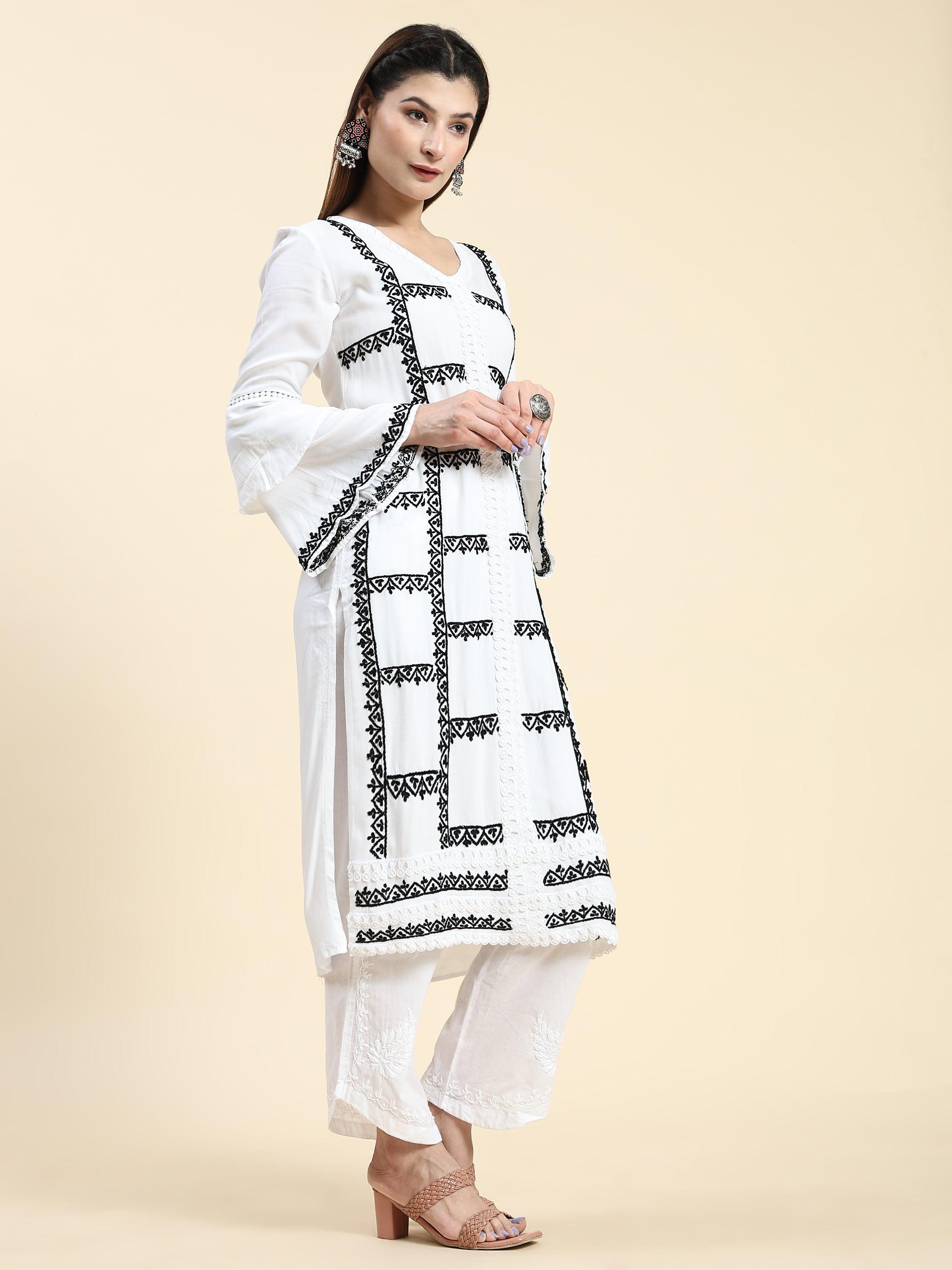 Samma Chikankari Long Kurta in Rayon Cotton for Women- White With Black - House Of Kari (Chikankari Clothing)