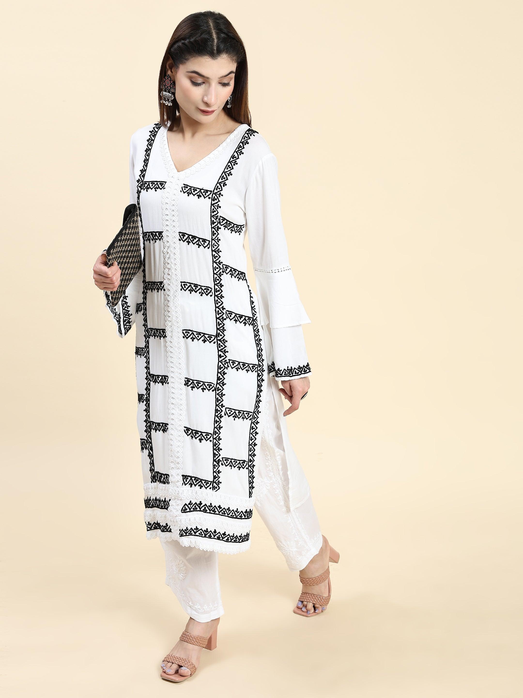 Samma Chikankari Long Kurta in Rayon Cotton for Women- White With Black - House Of Kari (Chikankari Clothing)
