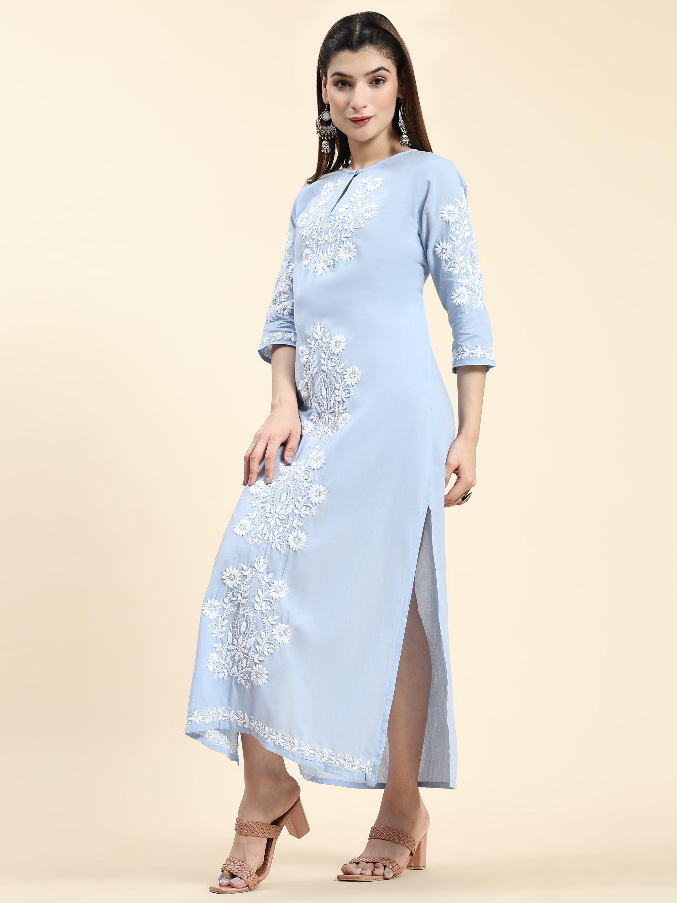 Samma Chikankari Long Kurti In Cotton for Women- Blue with White - House Of Kari (Chikankari Clothing)