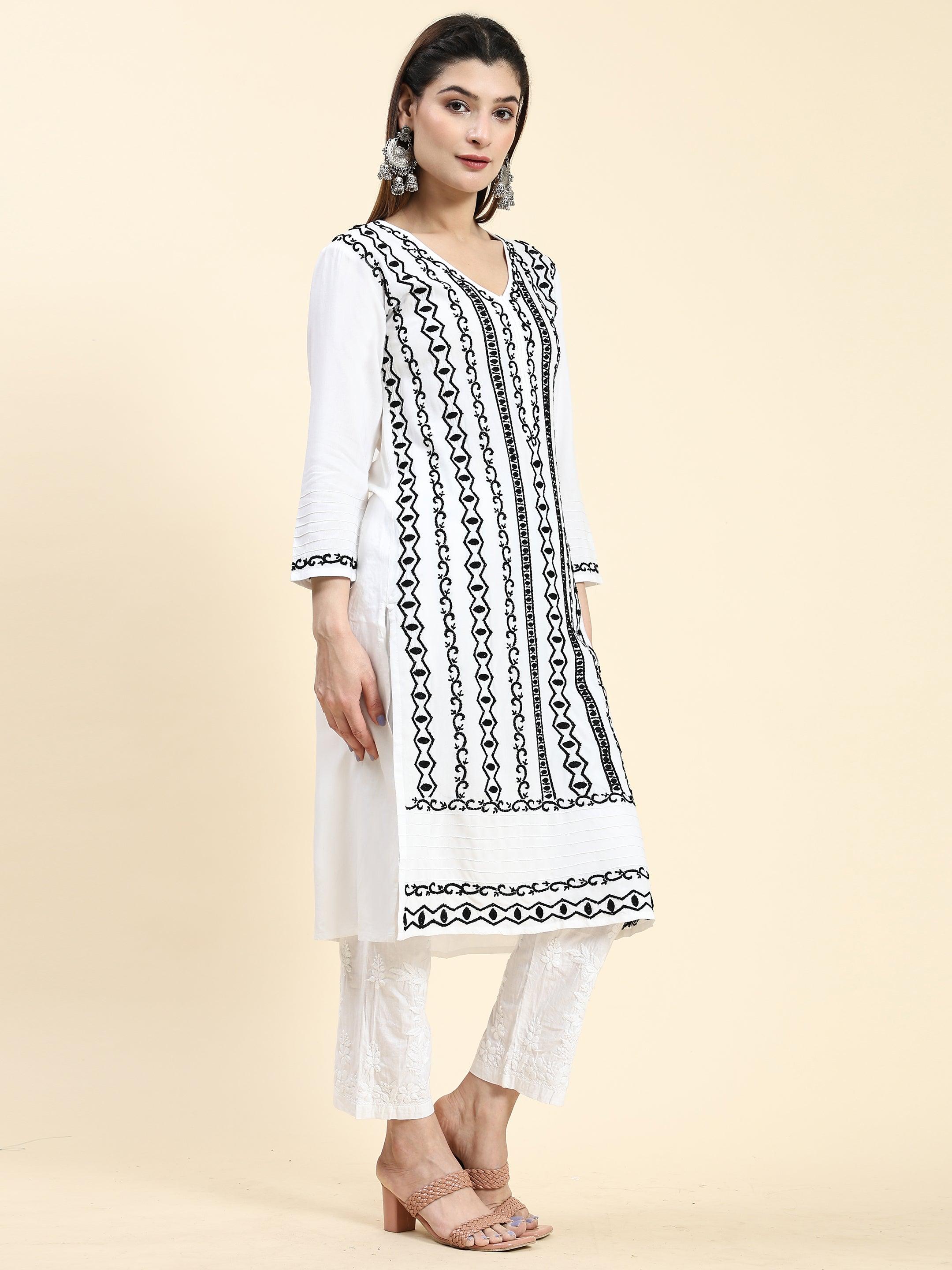 Samma Chikankari Long Kurta in Rayon Cotton for Women- White With Black - House Of Kari (Chikankari Clothing)
