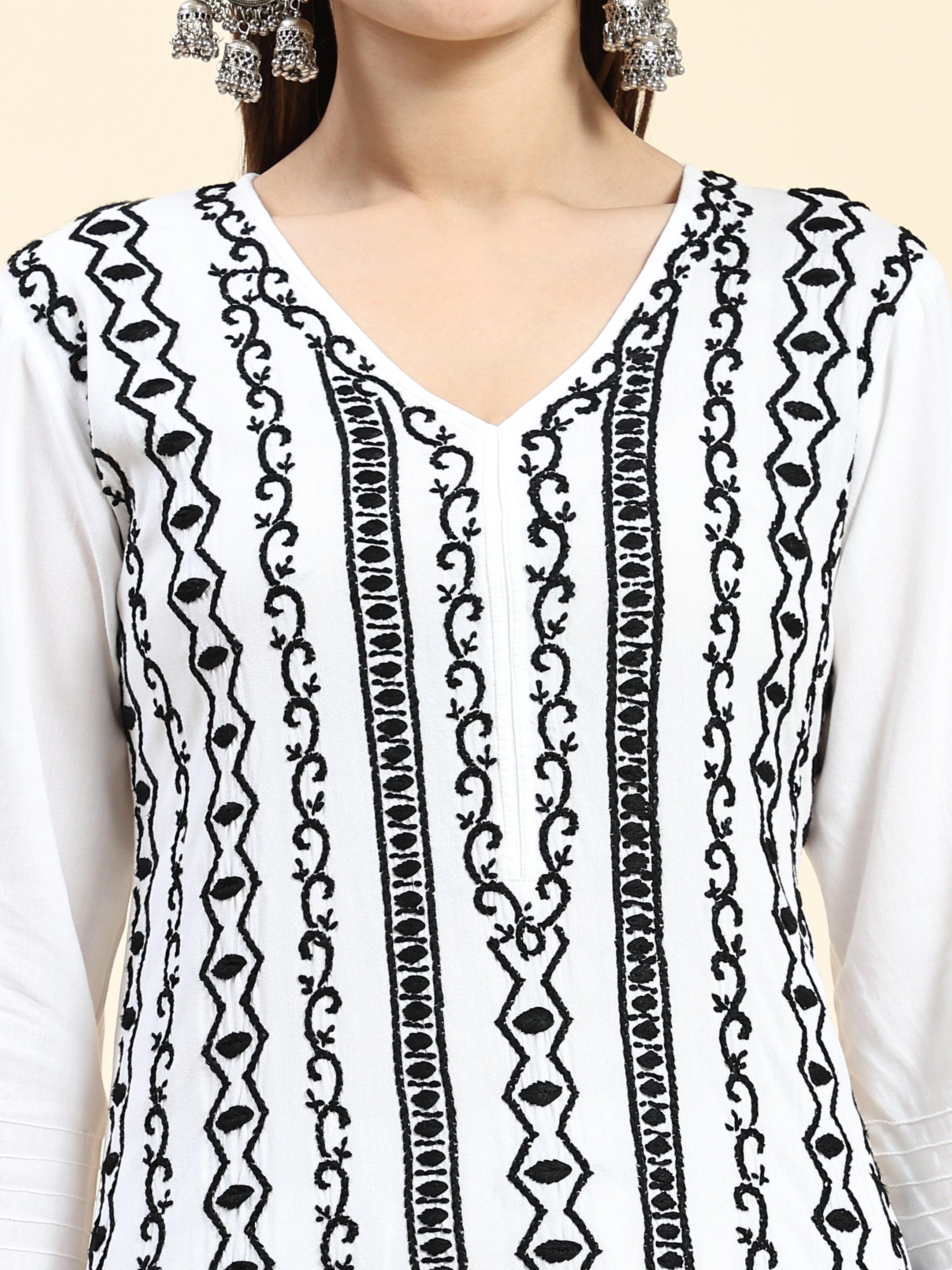 Samma Chikankari Long Kurta in Rayon Cotton for Women- White With Black - House Of Kari (Chikankari Clothing)