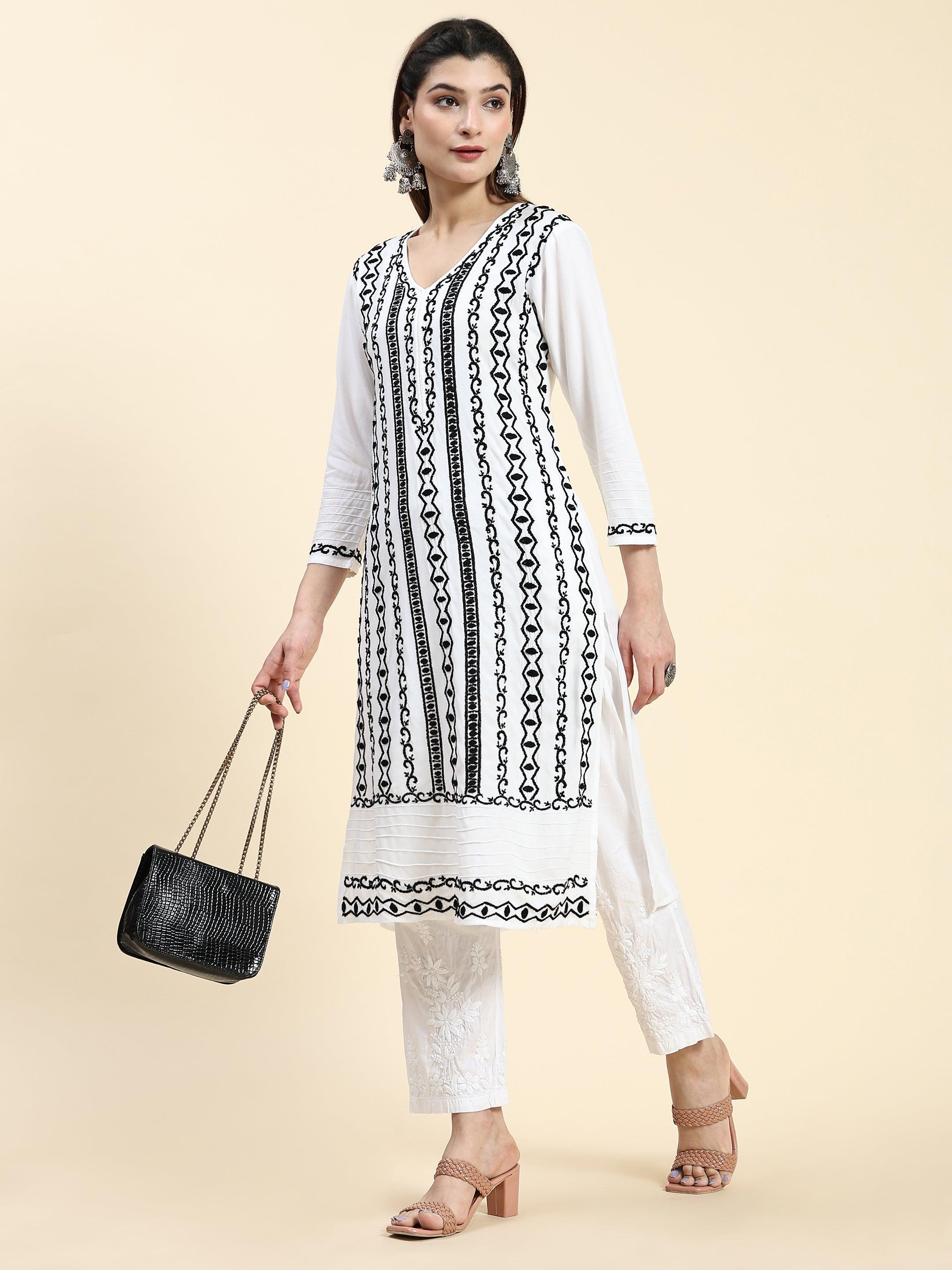 Samma Chikankari Long Kurta in Rayon Cotton for Women- White With Black - House Of Kari (Chikankari Clothing)
