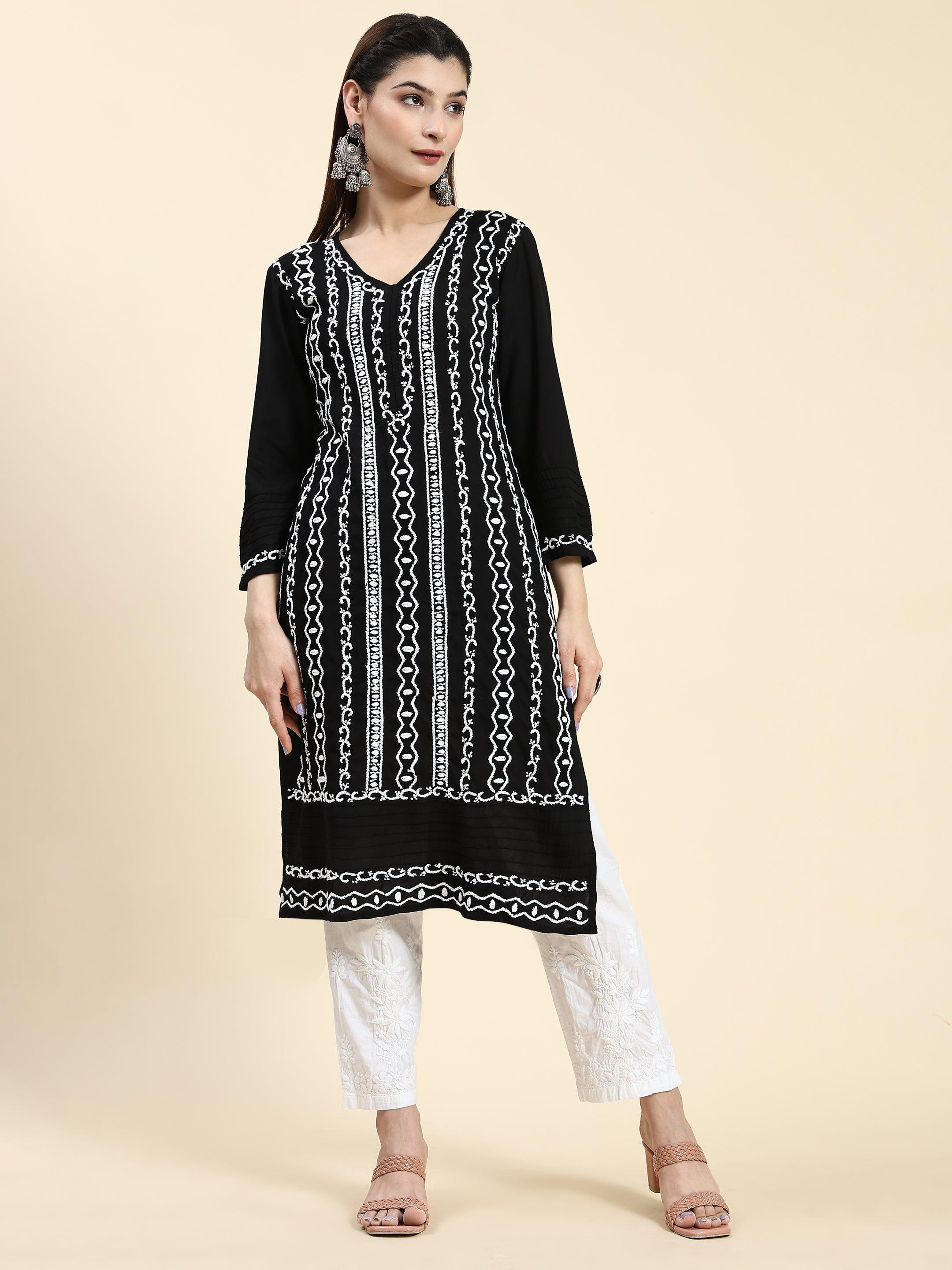 Samma Chikankari Long Kurta in Rayon Cotton for Women- Black With White - House Of Kari (Chikankari Clothing)