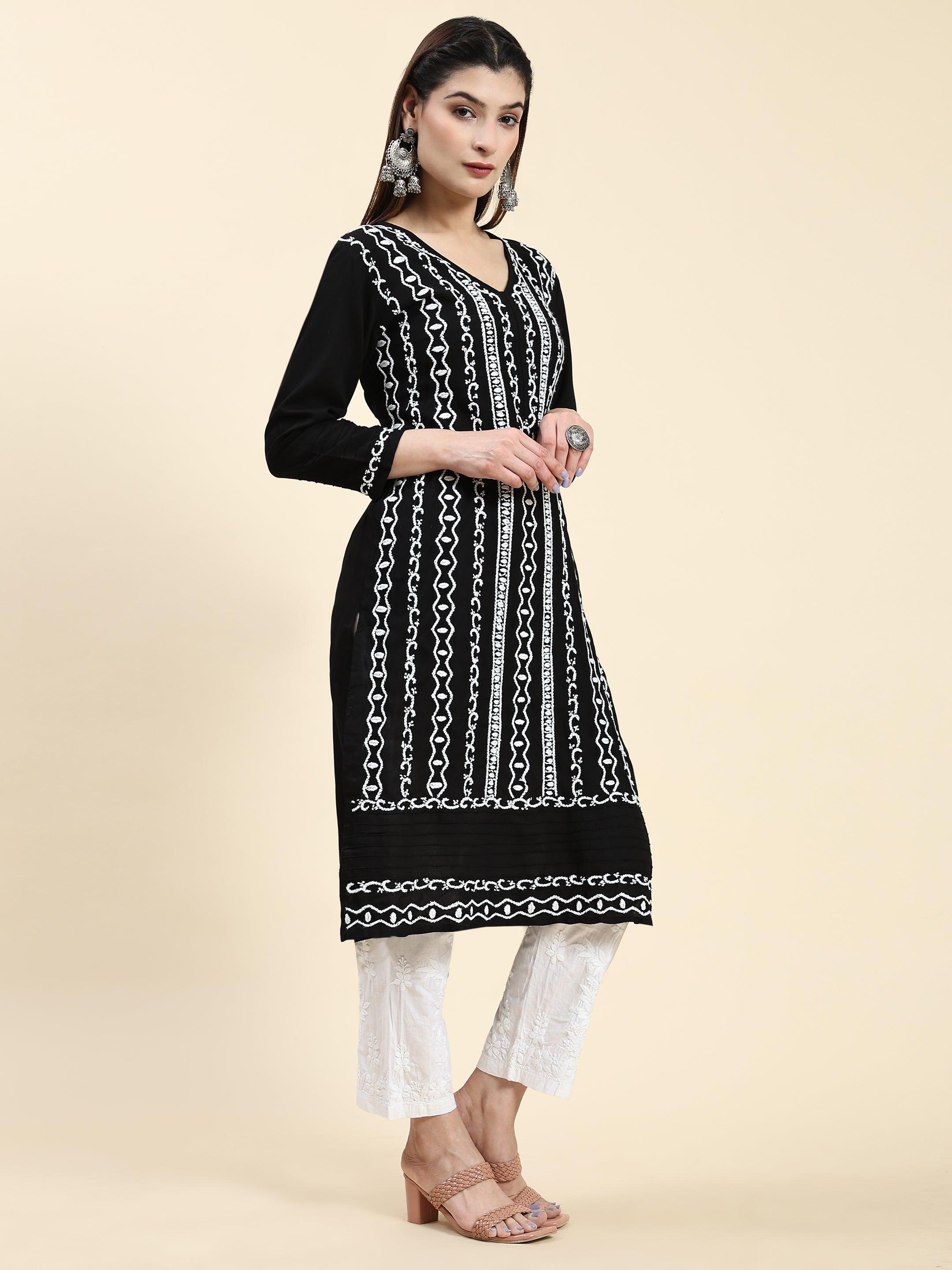 Samma Chikankari Long Kurta in Rayon Cotton for Women- Black With White - House Of Kari (Chikankari Clothing)