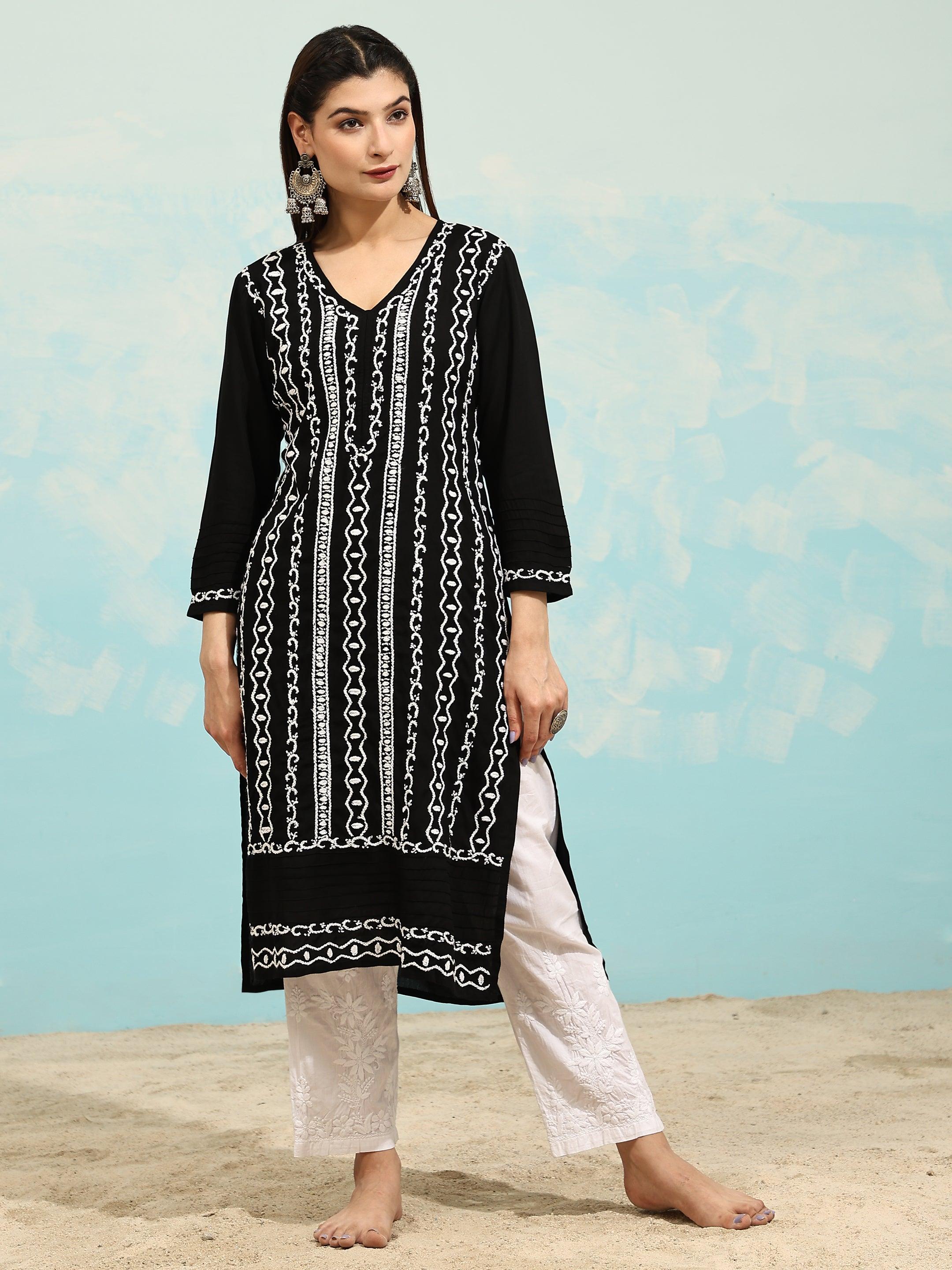 Samma Chikankari Long Kurta in Rayon Cotton for Women- Black With White - House Of Kari (Chikankari Clothing)