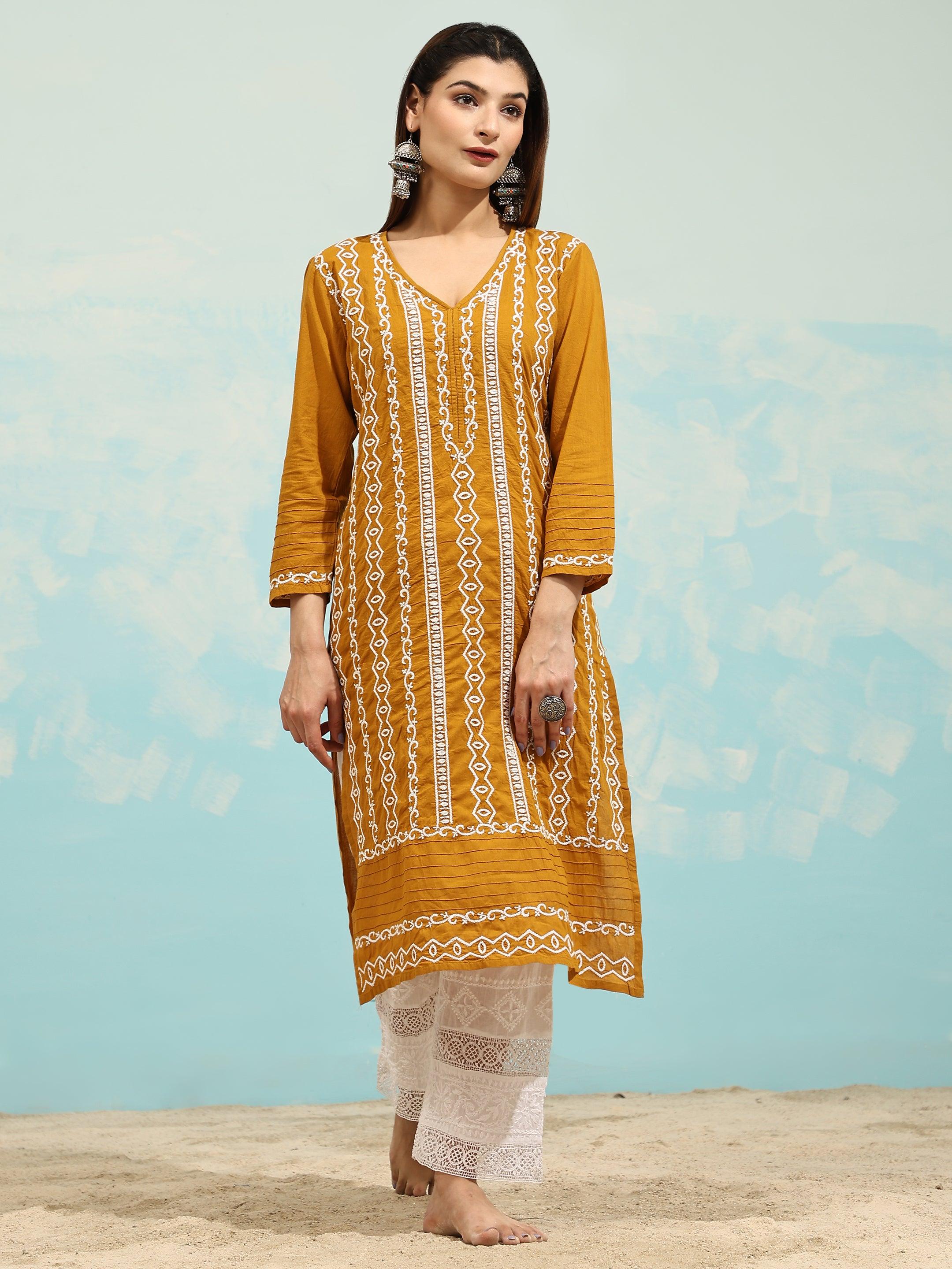 Samma Chikankari Long Kurti In Cotton for Women- Mustard - House Of Kari (Chikankari Clothing)