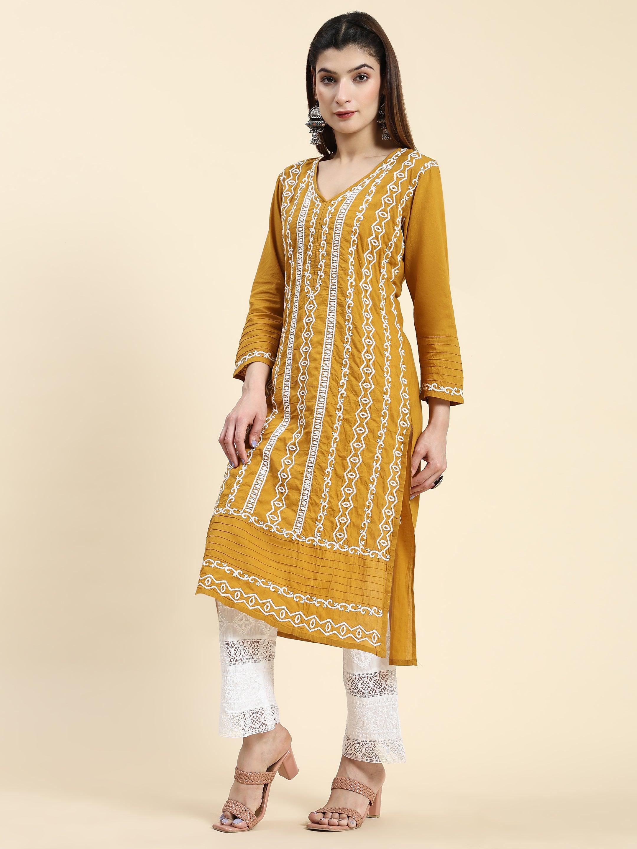 Samma Chikankari Long Kurti In Cotton for Women- Mustard - House Of Kari (Chikankari Clothing)