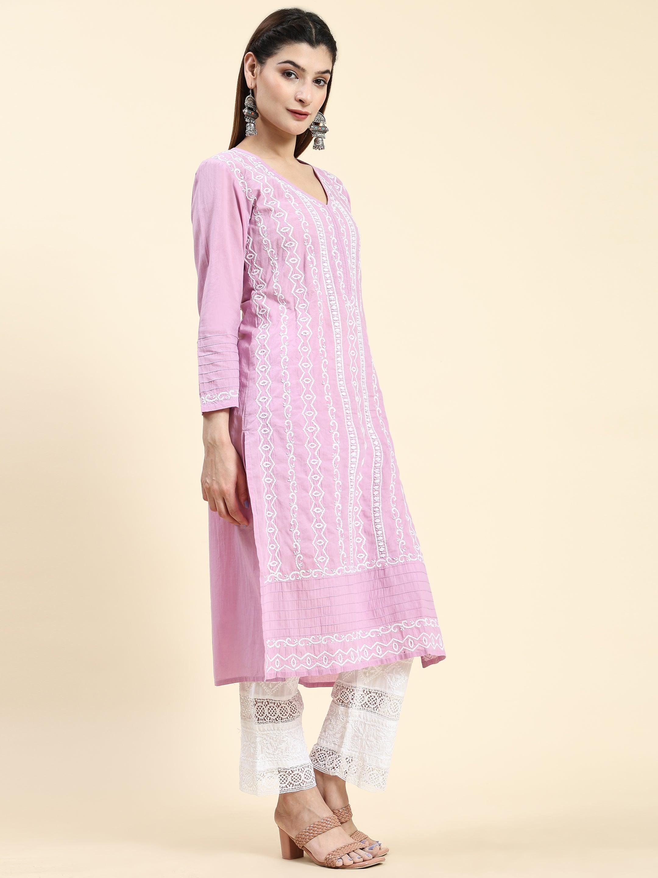 Samma Chikankari Long Kurti In Cotton for Women- Lavender - House Of Kari (Chikankari Clothing)