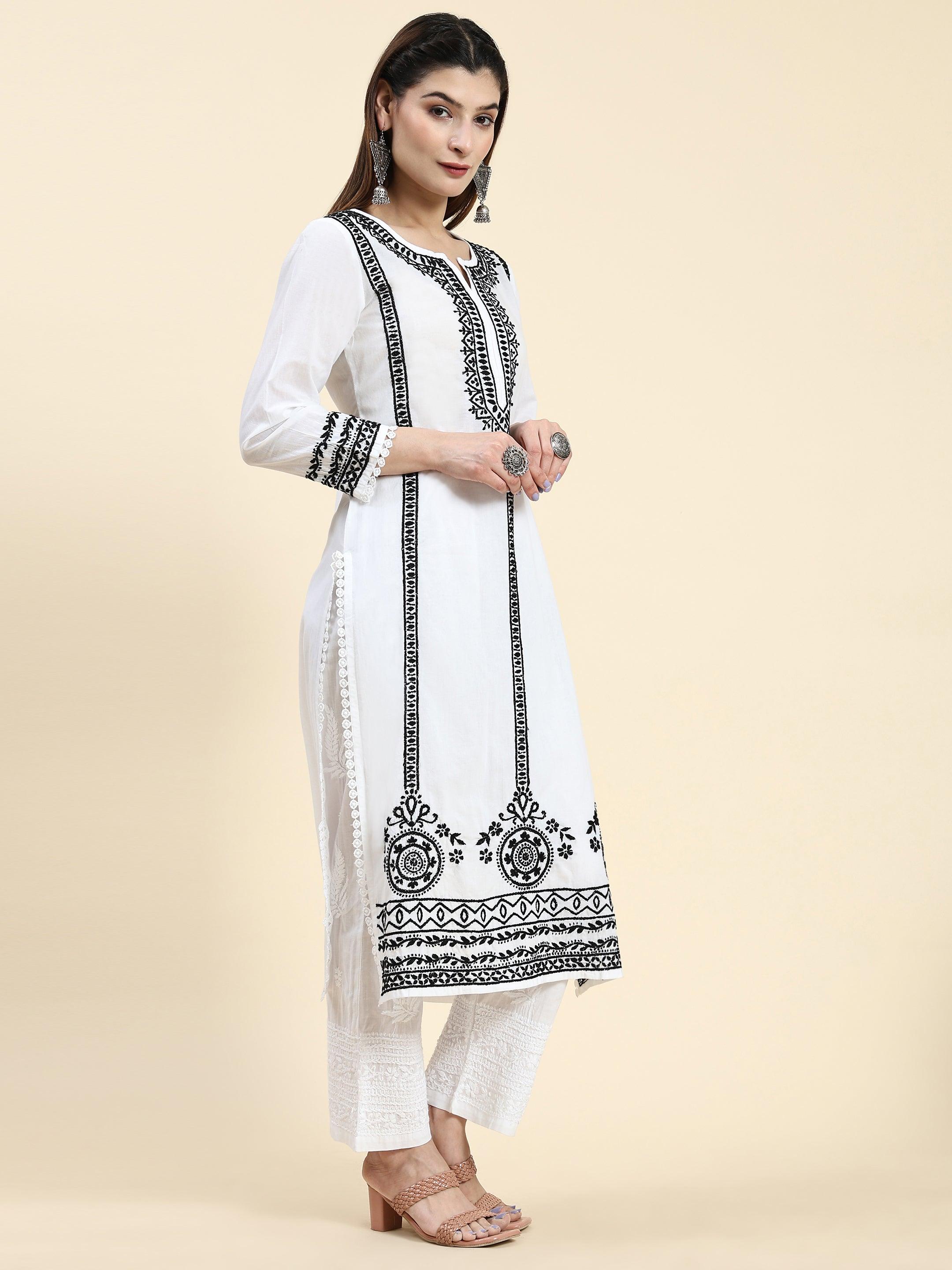 Samma Chikankari Long Kurti In Cotton for Women- White With Black - House Of Kari (Chikankari Clothing)