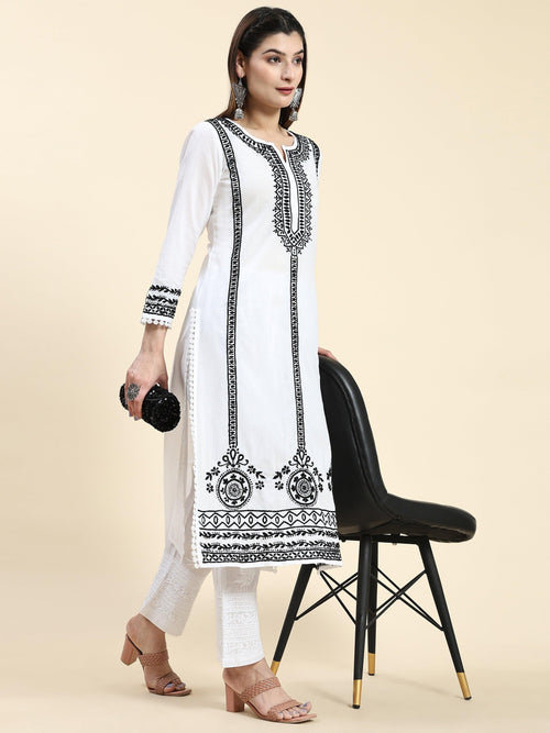 Samma Chikankari Long Kurti In Cotton for Women- White With Black - House Of Kari (Chikankari Clothing)