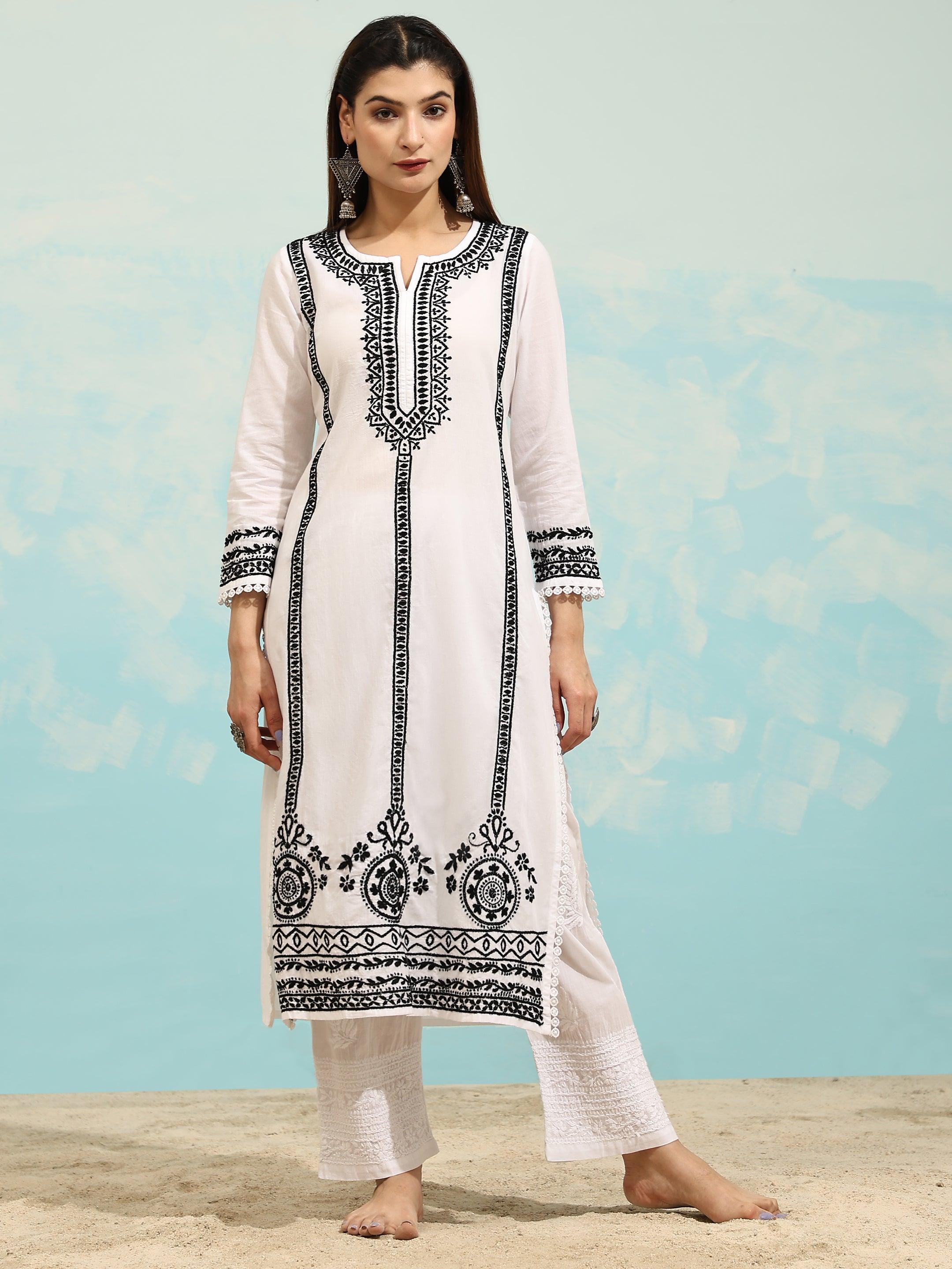 Samma Chikankari Long Kurti In Cotton for Women- White With Black - House Of Kari (Chikankari Clothing)