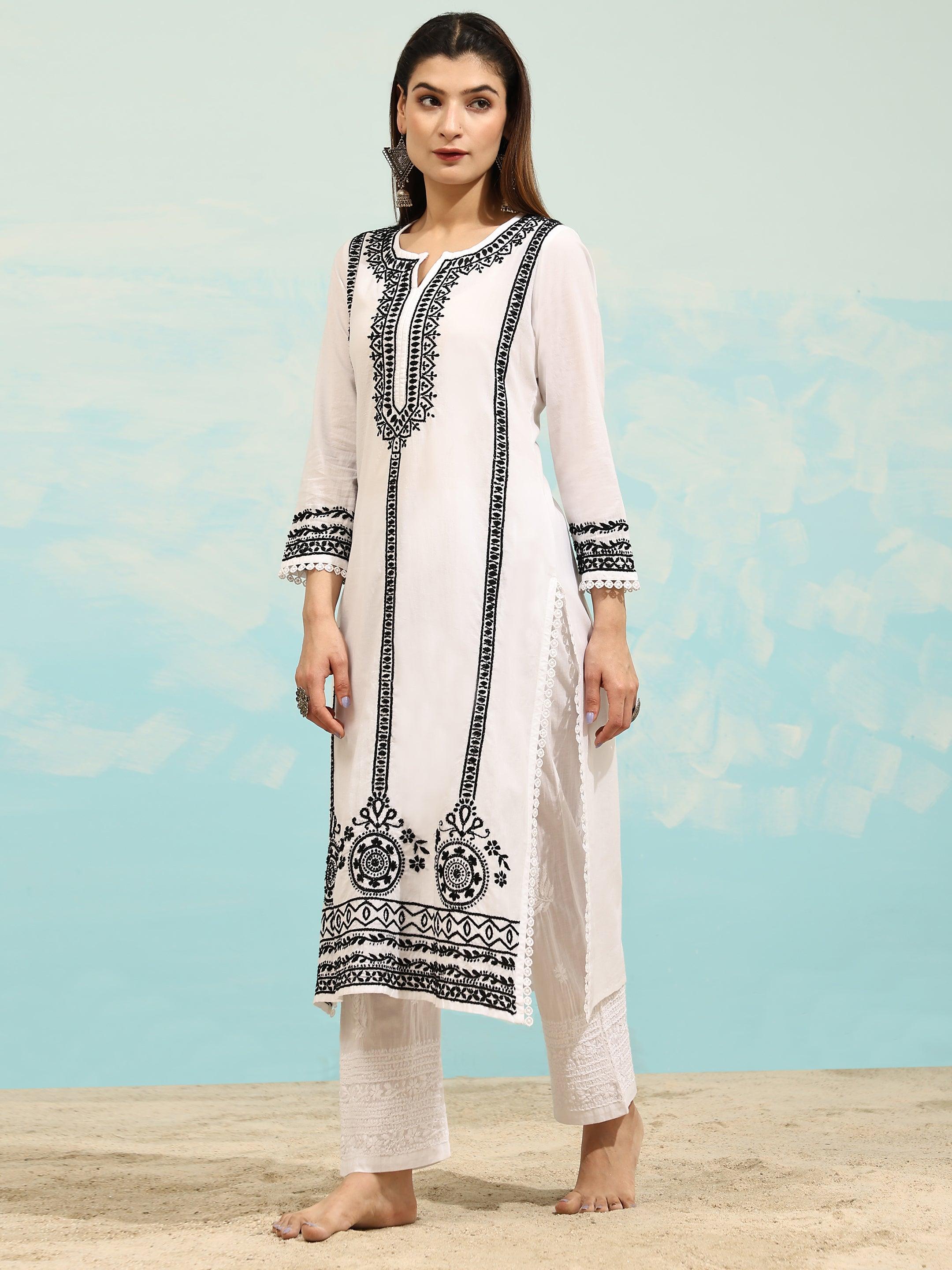 Samma Chikankari Long Kurti In Cotton for Women- White With Black - House Of Kari (Chikankari Clothing)