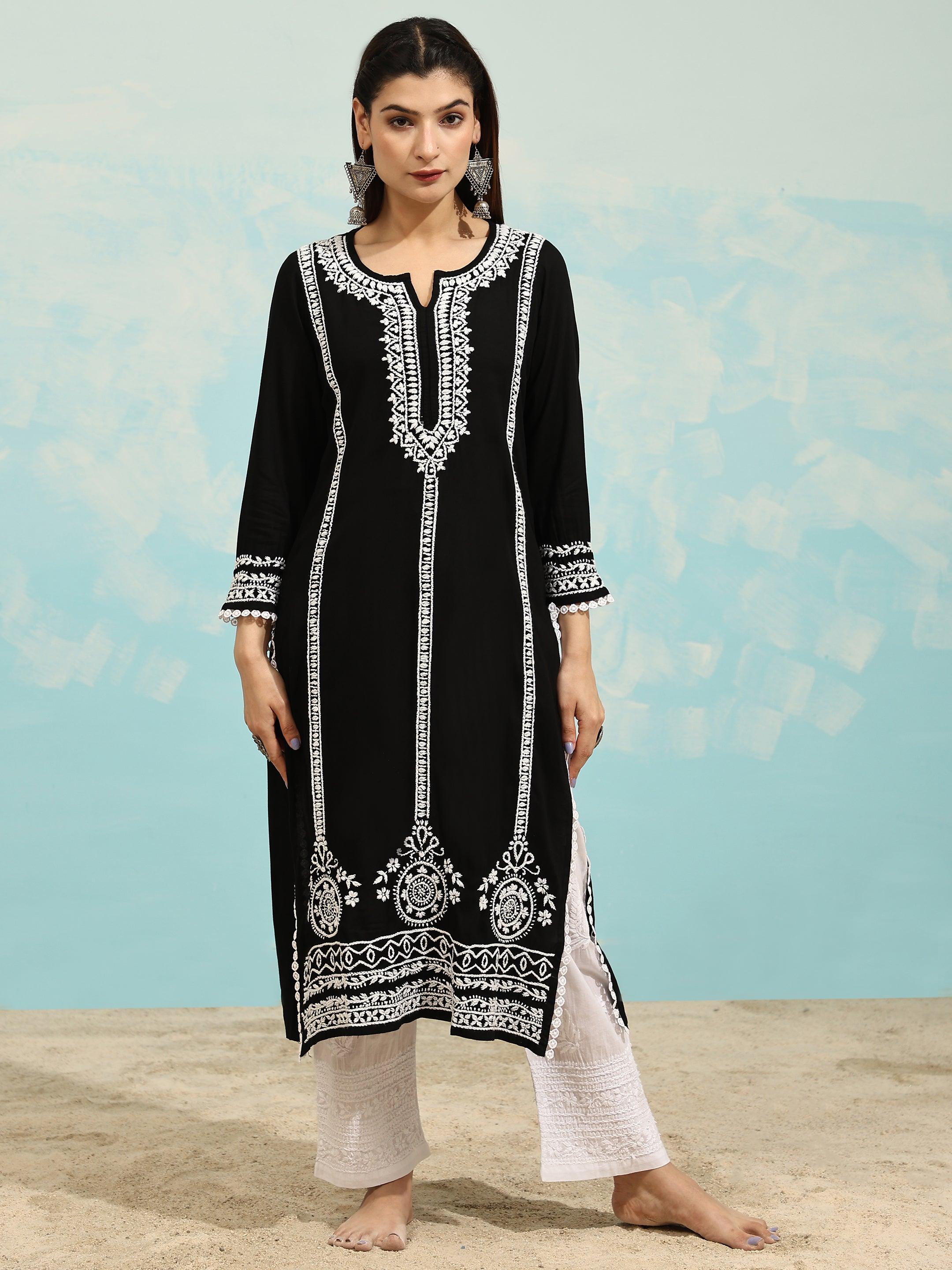 Samma Chikankari Long Kurta in Rayon Cotton for Women- Black With White - House Of Kari (Chikankari Clothing)