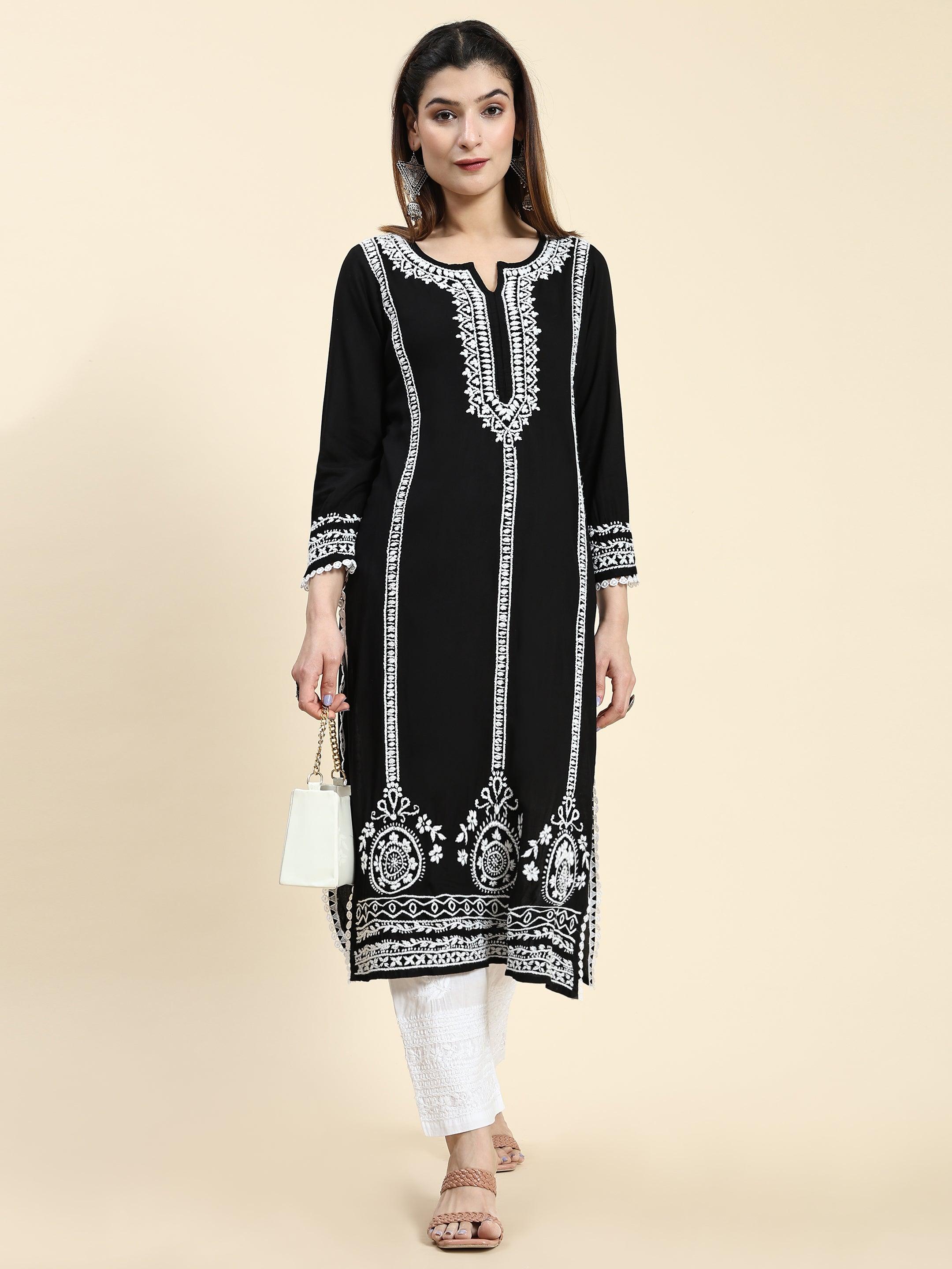 Samma Chikankari Long Kurta in Rayon Cotton for Women- Black With White - House Of Kari (Chikankari Clothing)