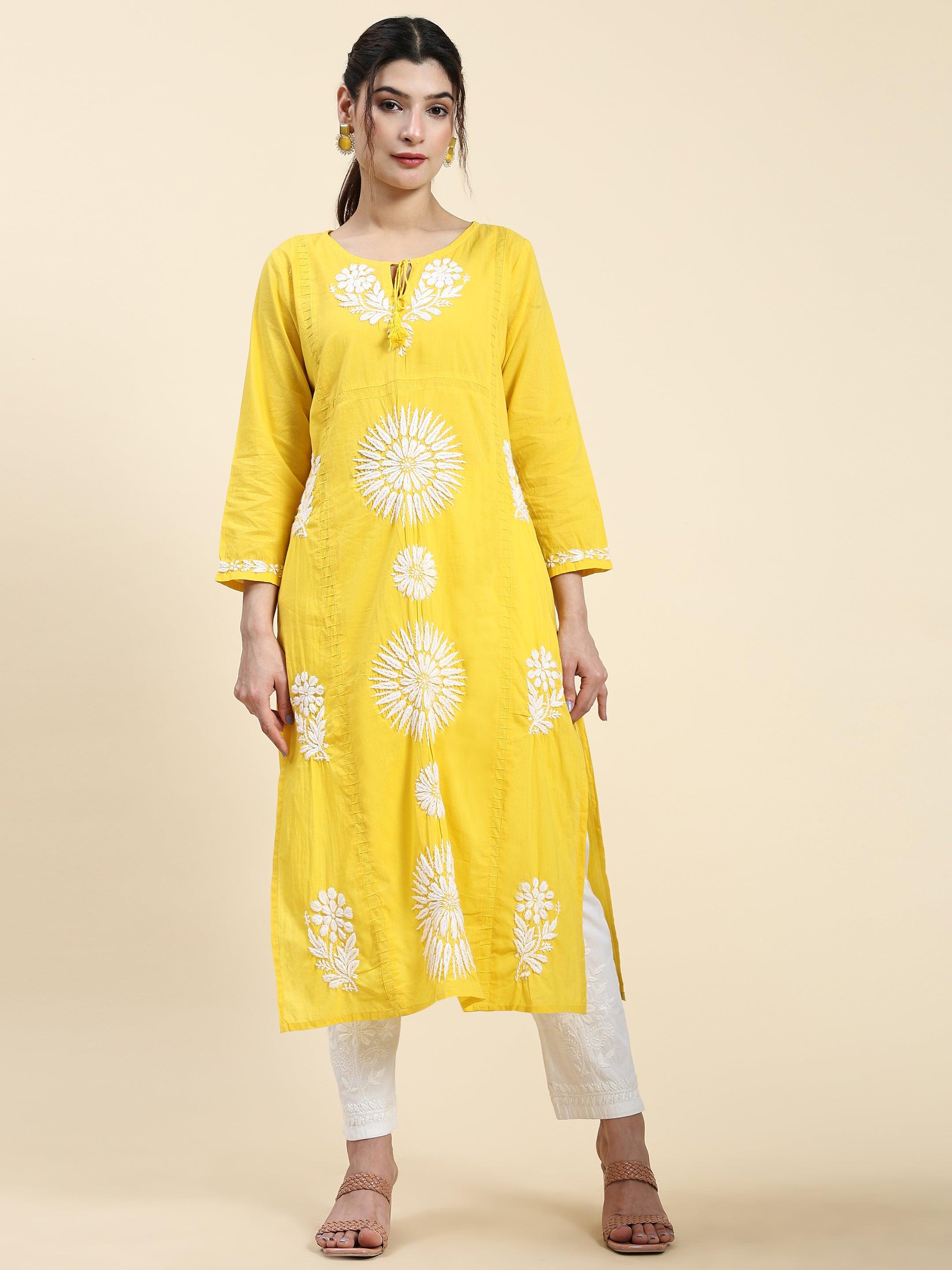 Samma Chikankari Long Kurti In Cotton for Women- Yellow - House Of Kari (Chikankari Clothing)