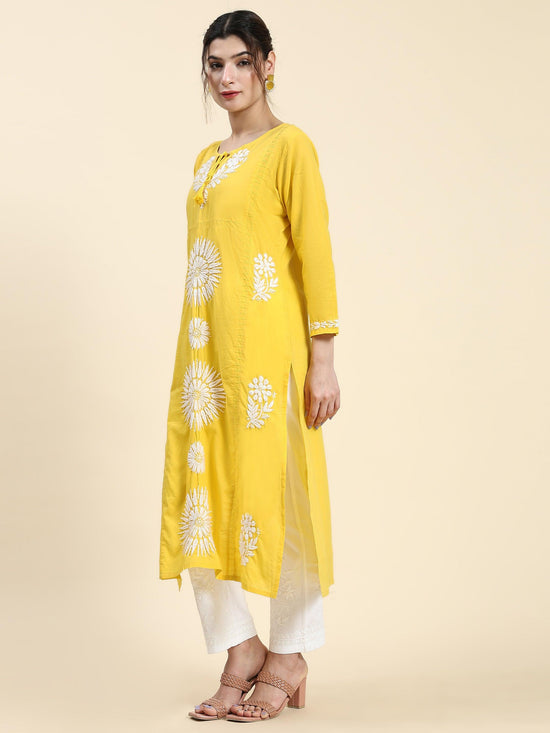 Samma Chikankari Long Kurti In Cotton for Women- Yellow - House Of Kari (Chikankari Clothing)