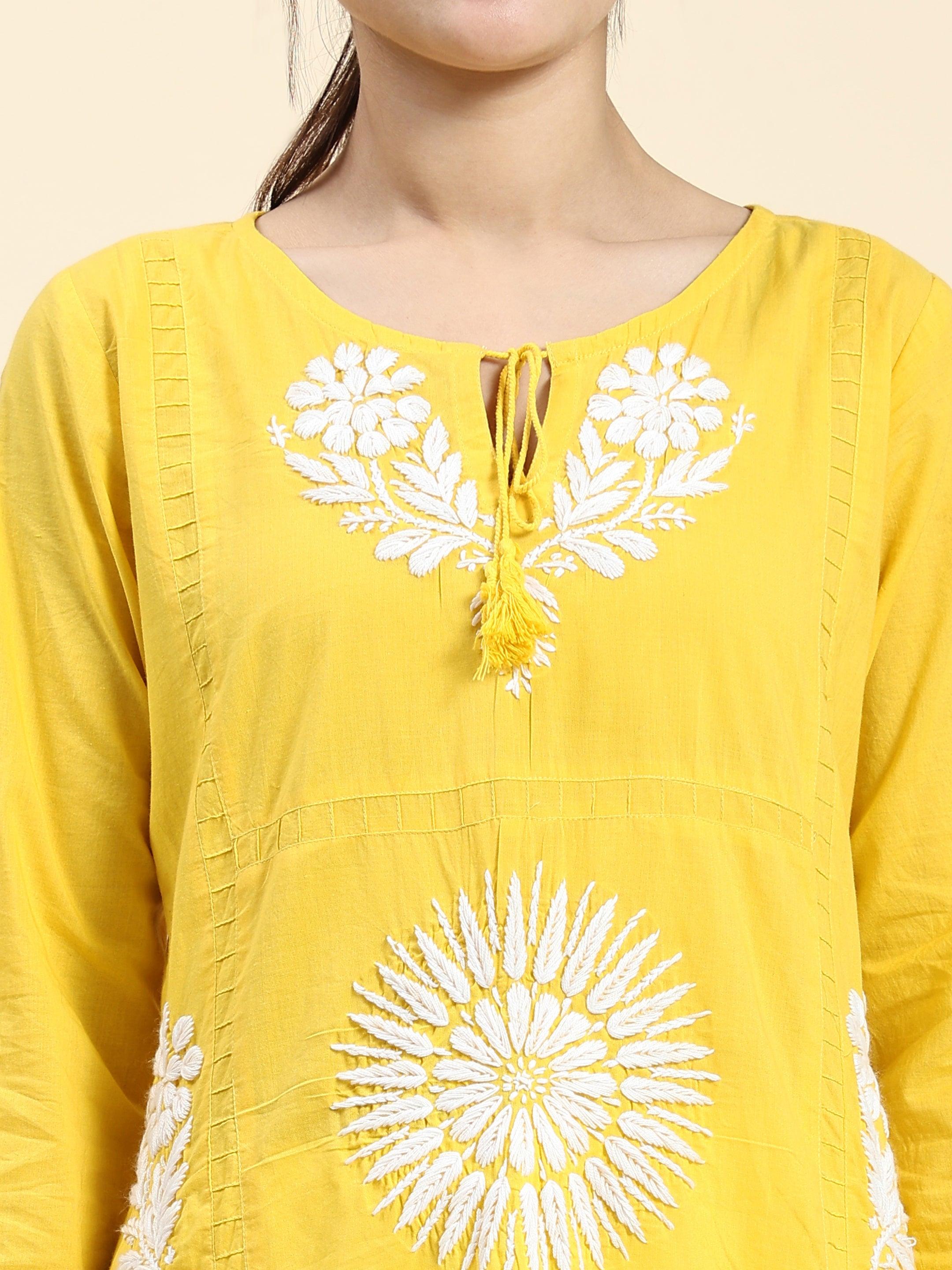Samma Chikankari Long Kurti In Cotton for Women- Yellow - House Of Kari (Chikankari Clothing)
