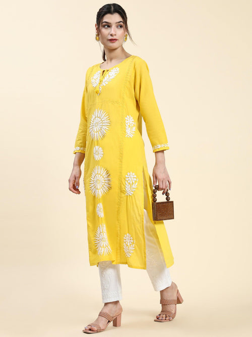 Samma Chikankari Long Kurti In Cotton for Women- Yellow - House Of Kari (Chikankari Clothing)