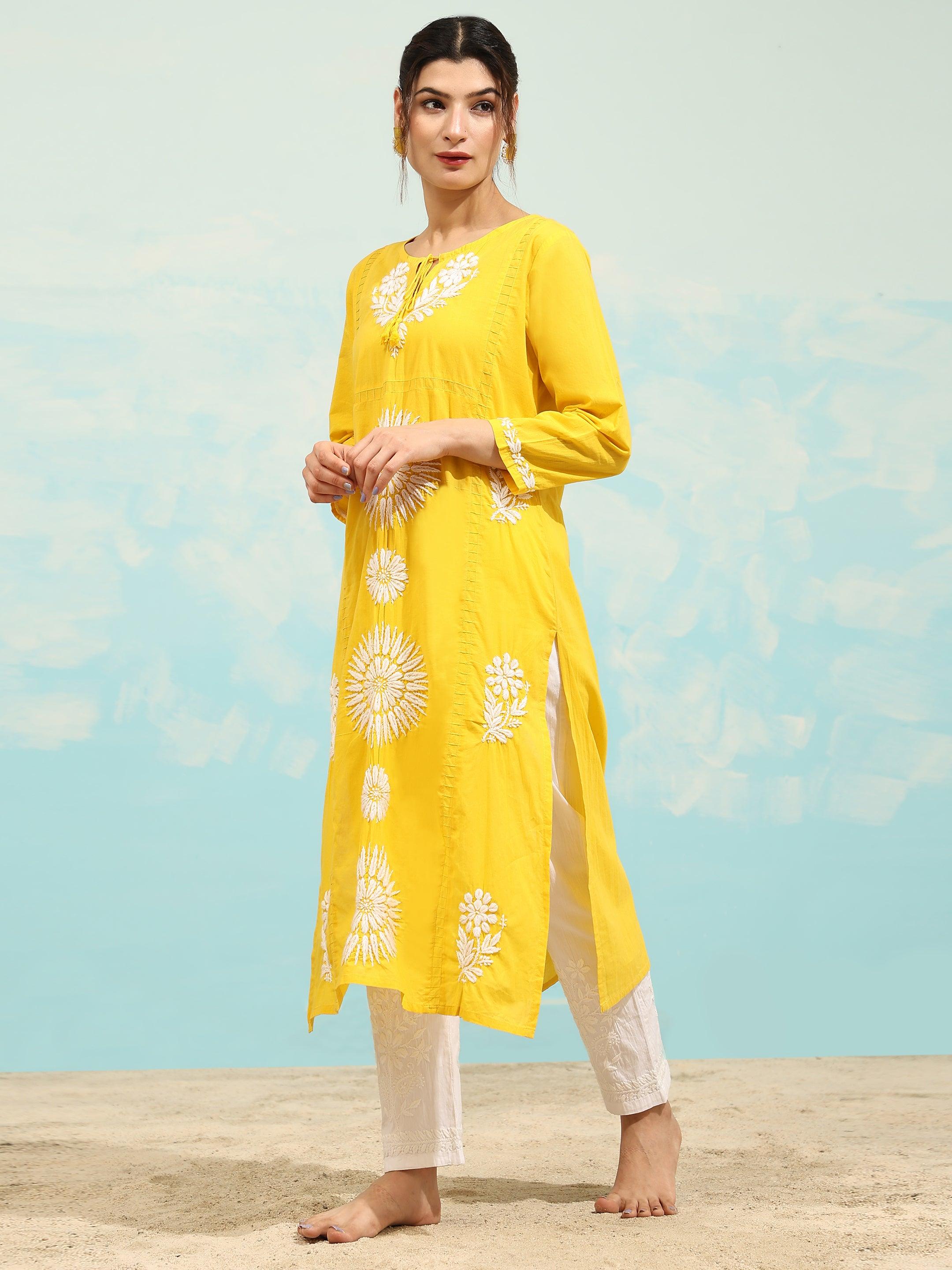 Samma Chikankari Long Kurti In Cotton for Women- Yellow - House Of Kari (Chikankari Clothing)