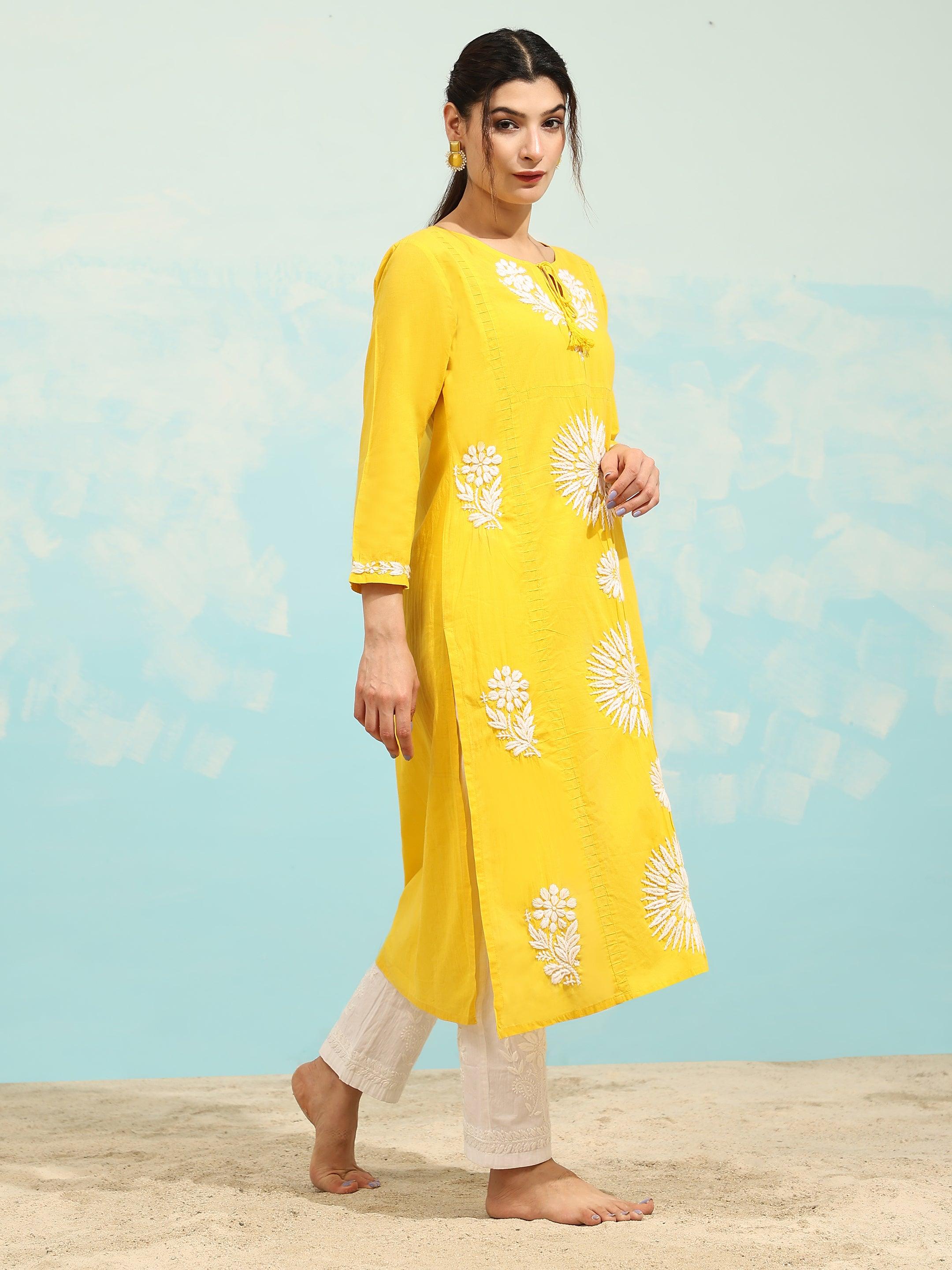 Samma Chikankari Long Kurti In Cotton for Women- Yellow - House Of Kari (Chikankari Clothing)
