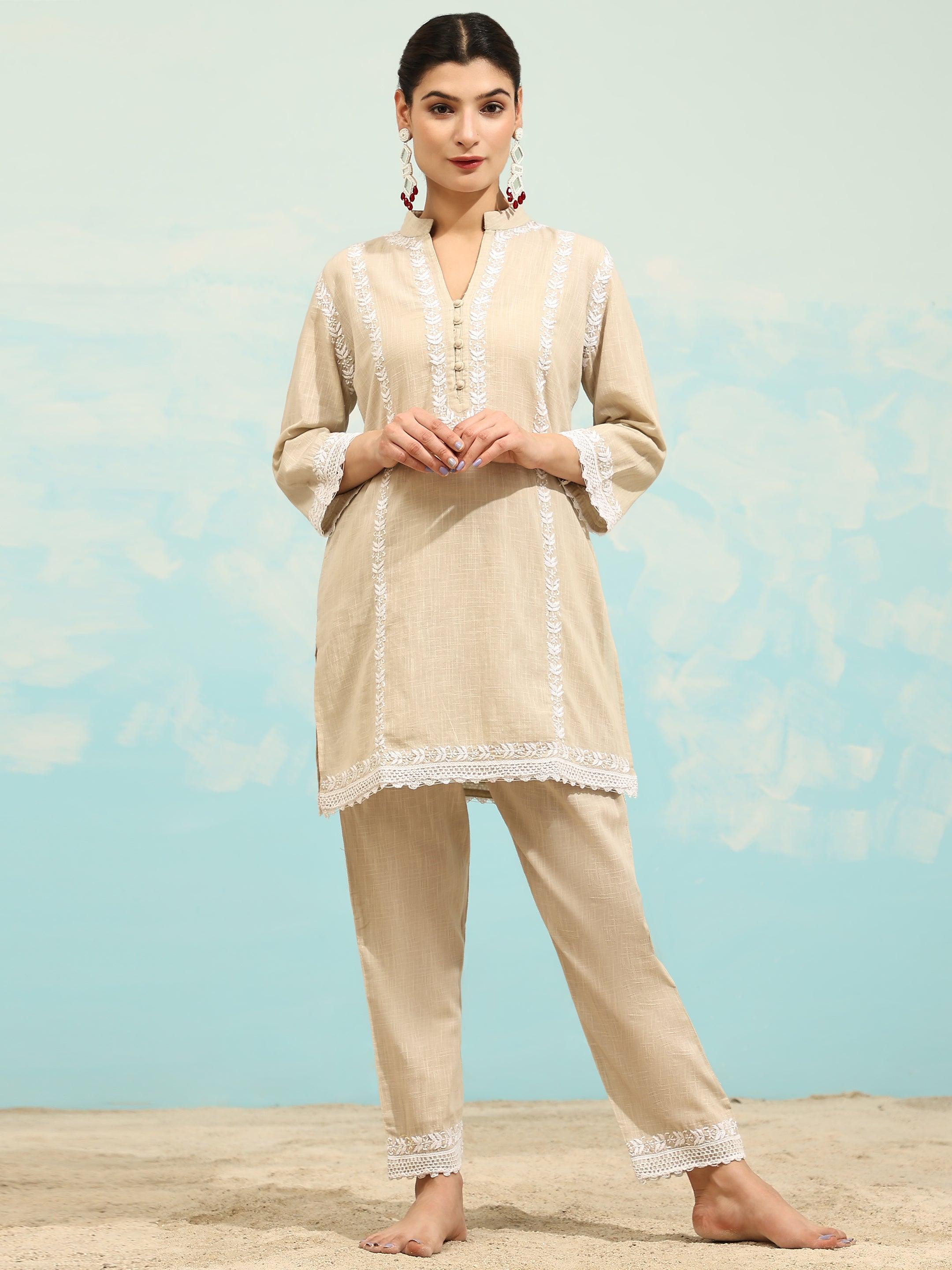 Samma Chikankari CO-ORD Set In for Women In Beige - House Of Kari (Chikankari Clothing)