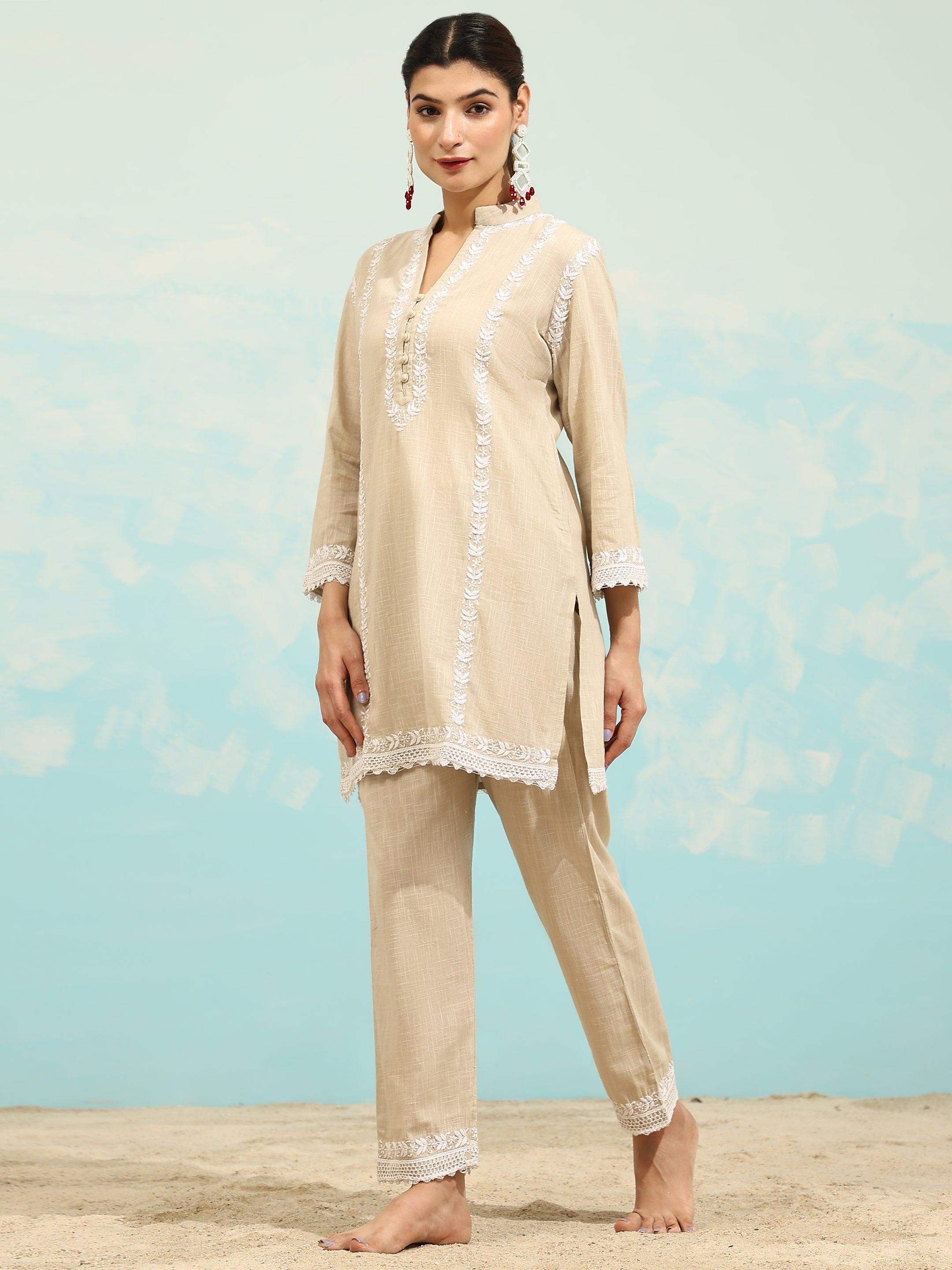 Samma Chikankari CO-ORD Set In for Women In Beige - House Of Kari (Chikankari Clothing)