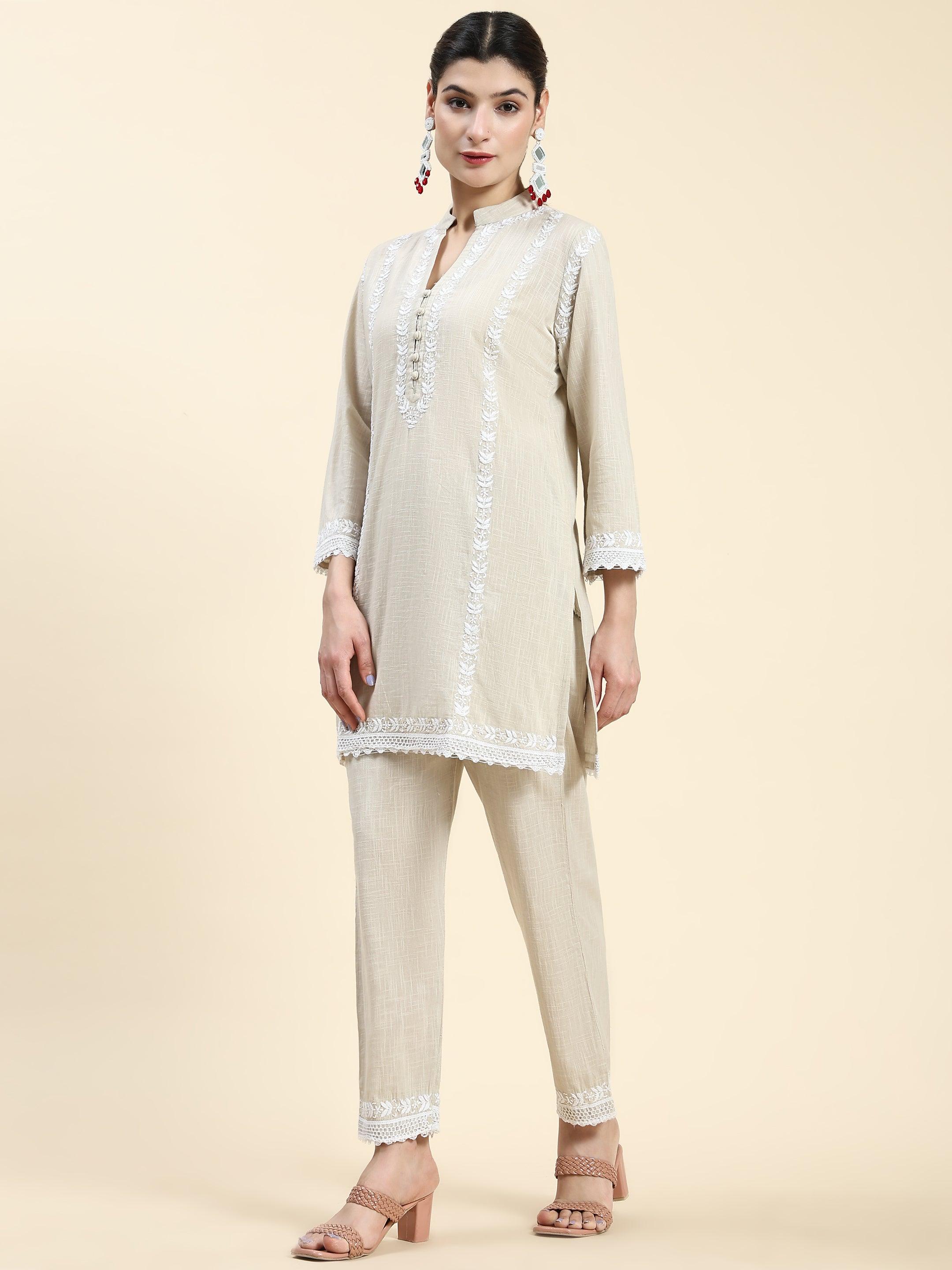 Samma Chikankari CO-ORD Set In for Women In Beige - House Of Kari (Chikankari Clothing)