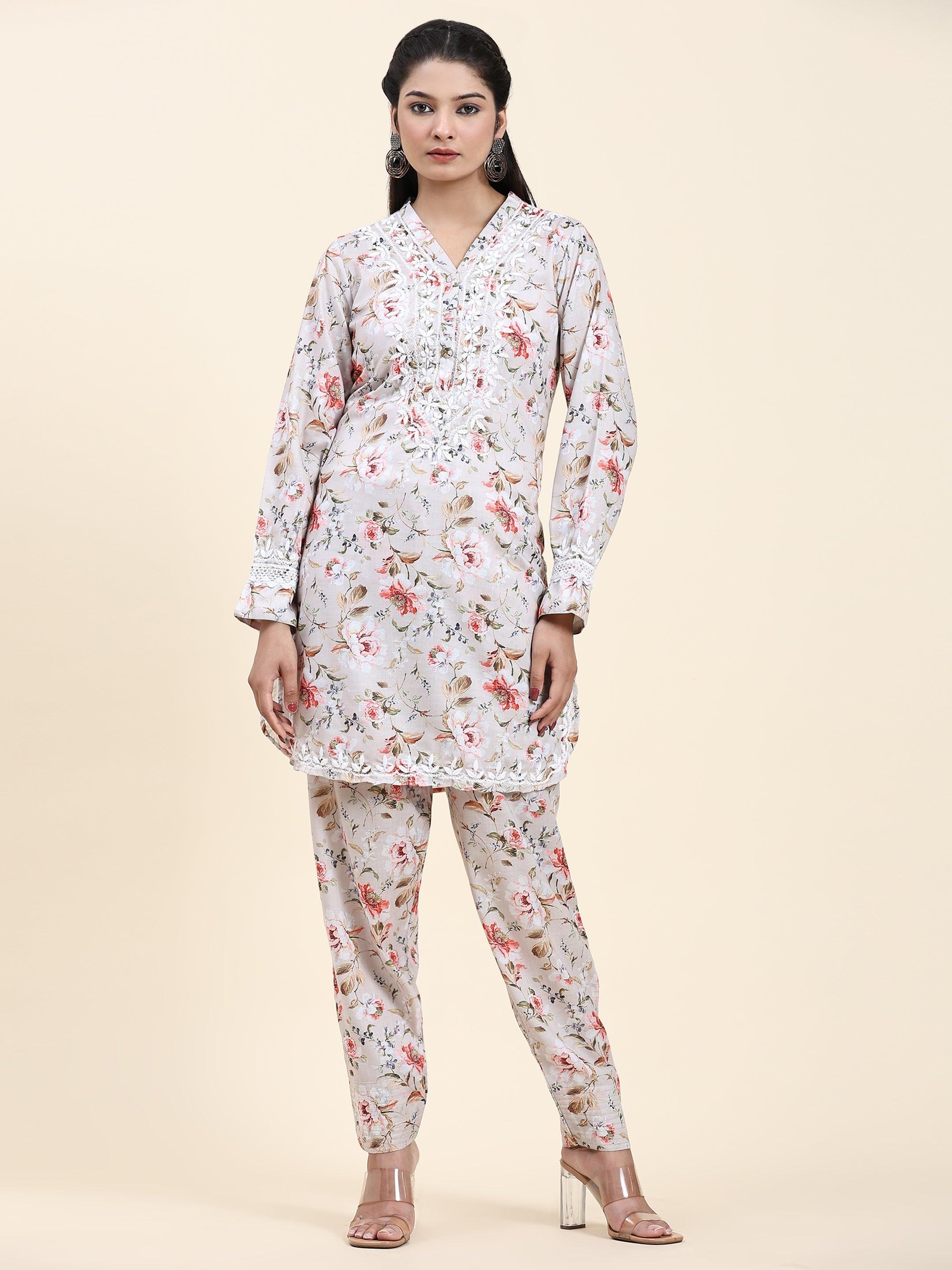 Samma Chikankari Co-Ord Set In Printed Cotton For Women - House Of Kari (Chikankari Clothing)
