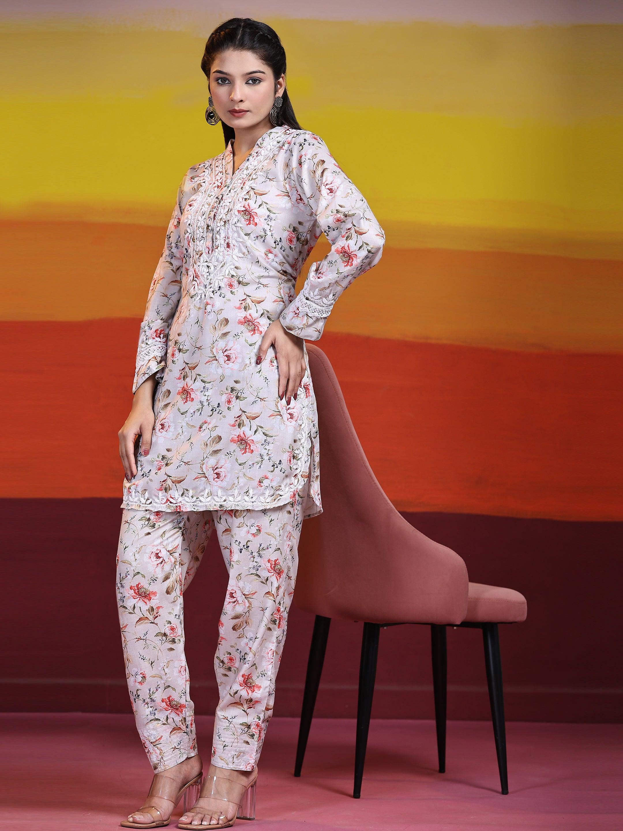 Samma Chikankari Co-Ord Set In Printed Cotton For Women - House Of Kari (Chikankari Clothing)