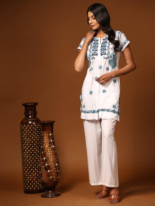 Noor Hand Embroidery Chikankari Printed Short Cotton Tunics-White With Multiblue - House Of Kari (Chikankari Clothing)