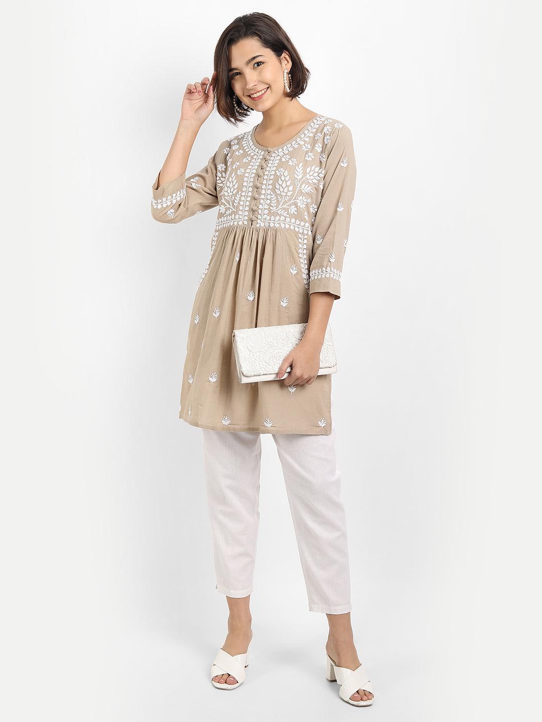 Sakshi & Jinal in Chikankari Hand embroidery tunic-Brown - House Of Kari (Chikankari Clothing)