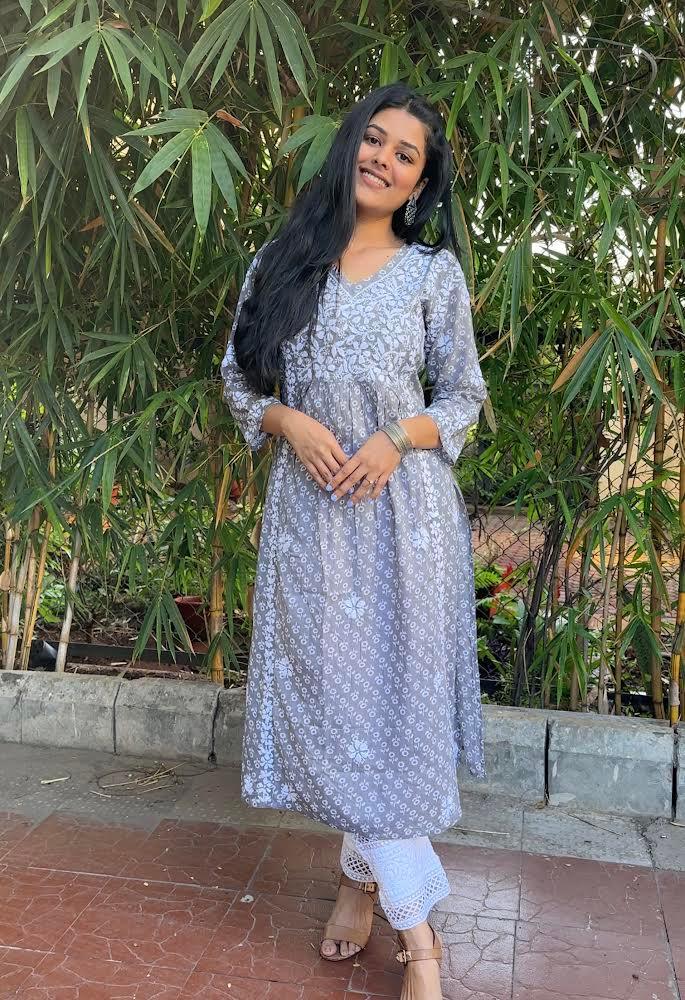 Aishwarya in Noor Mul Printed Hand Embroidery Chikankari Kurta- Grey - House Of Kari (Chikankari Clothing)