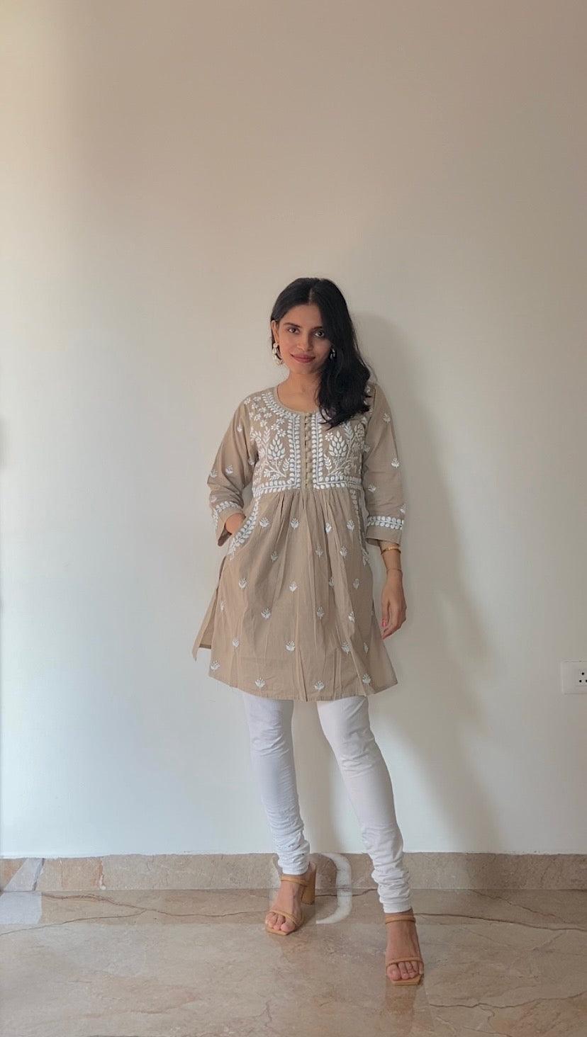 Sakshi & Jinal in Chikankari Hand embroidery tunic-Brown - House Of Kari (Chikankari Clothing)