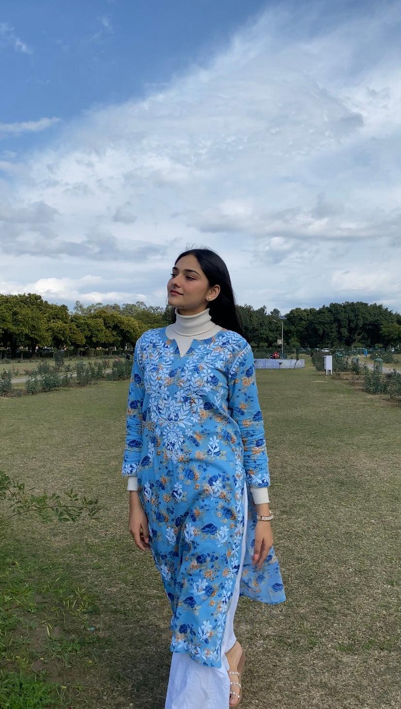 Aruneet in Noor Mul Printed Hand Embroidery Chikankari Kurta- Blue - House Of Kari (Chikankari Clothing)