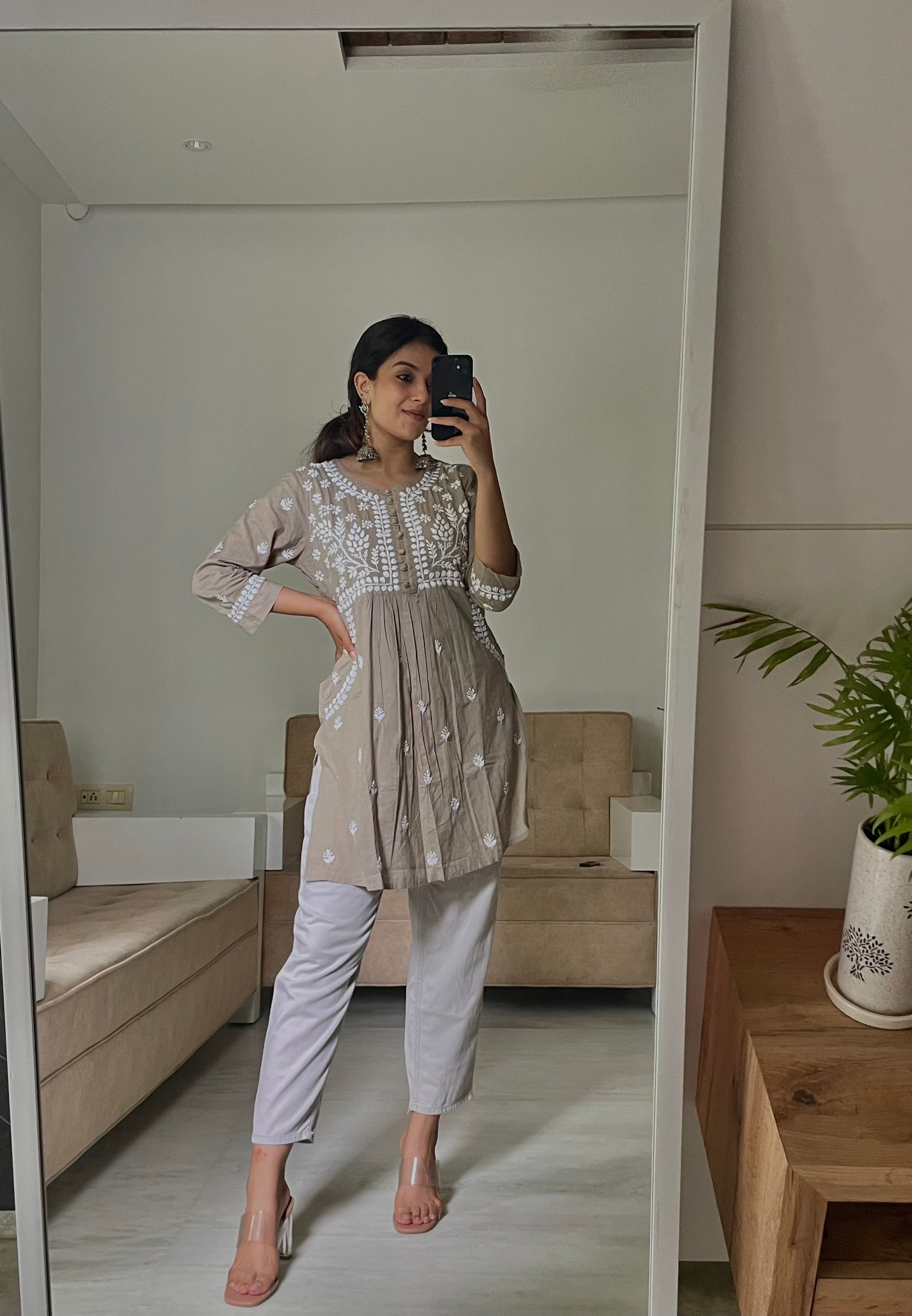 Sakshi & Jinal in Chikankari Hand embroidery tunic-Brown - House Of Kari (Chikankari Clothing)
