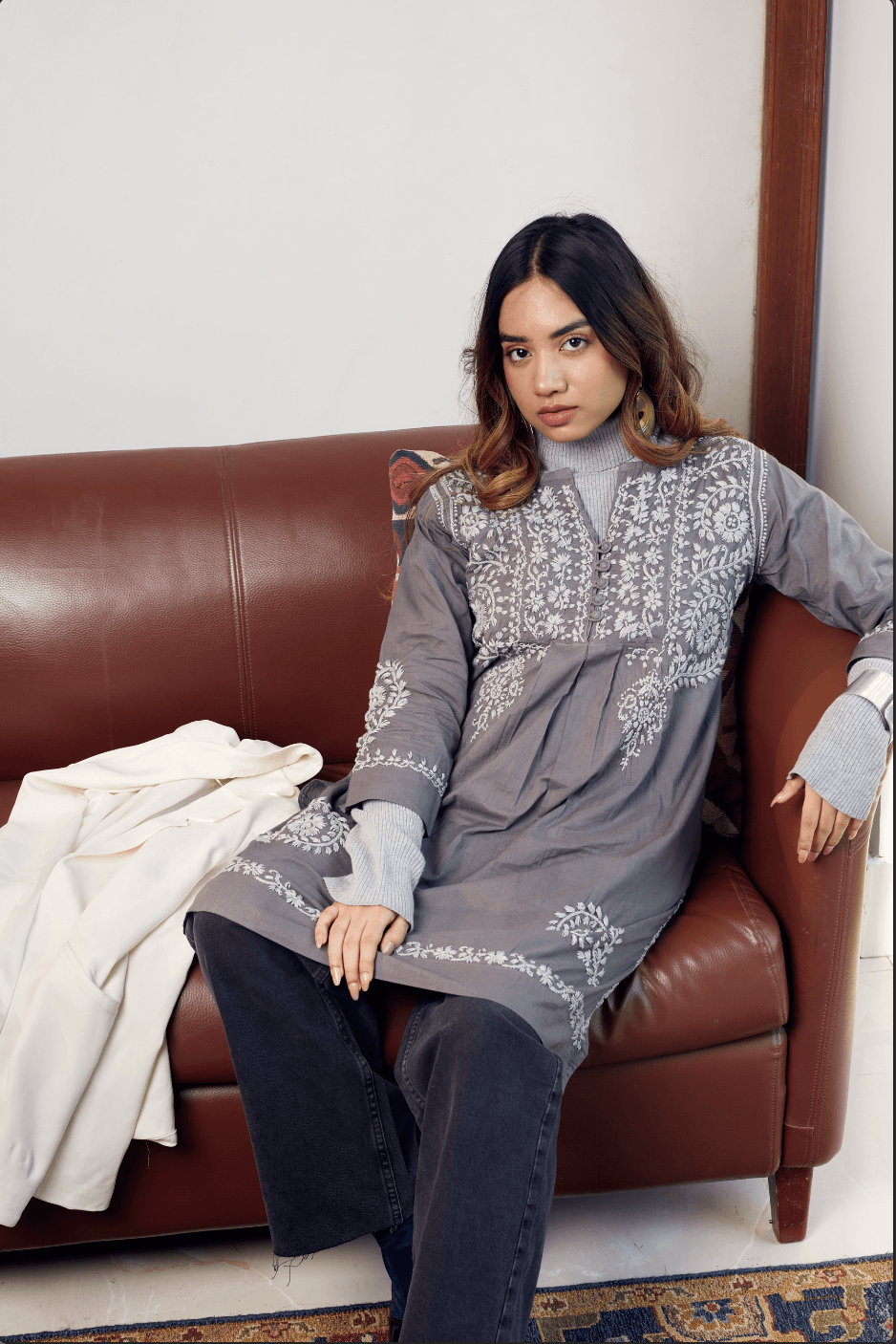 HOK Chikankari Short Tunic for Women -Grey - House Of Kari (Chikankari Clothing)