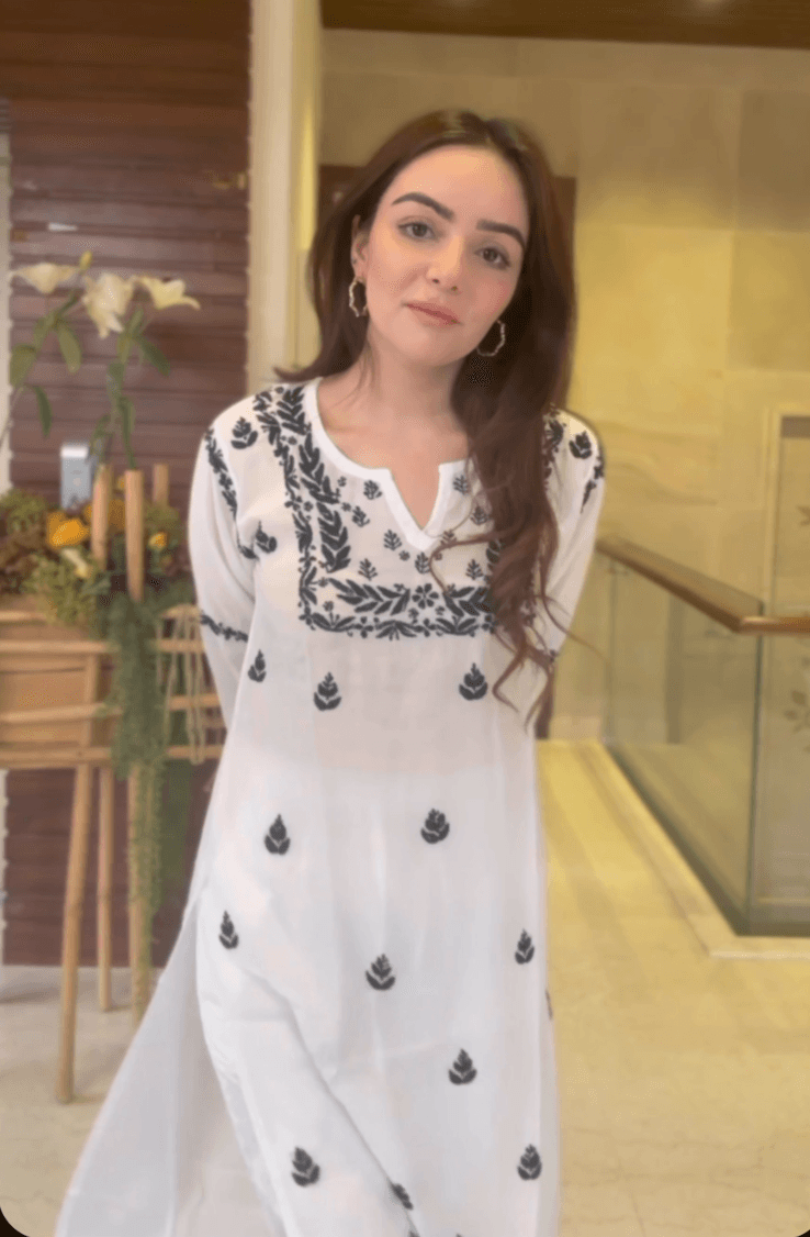 Nishtha in Noor HOK Muslin Chikankari kurti for Women- White With Black - House Of Kari (Chikankari Clothing)