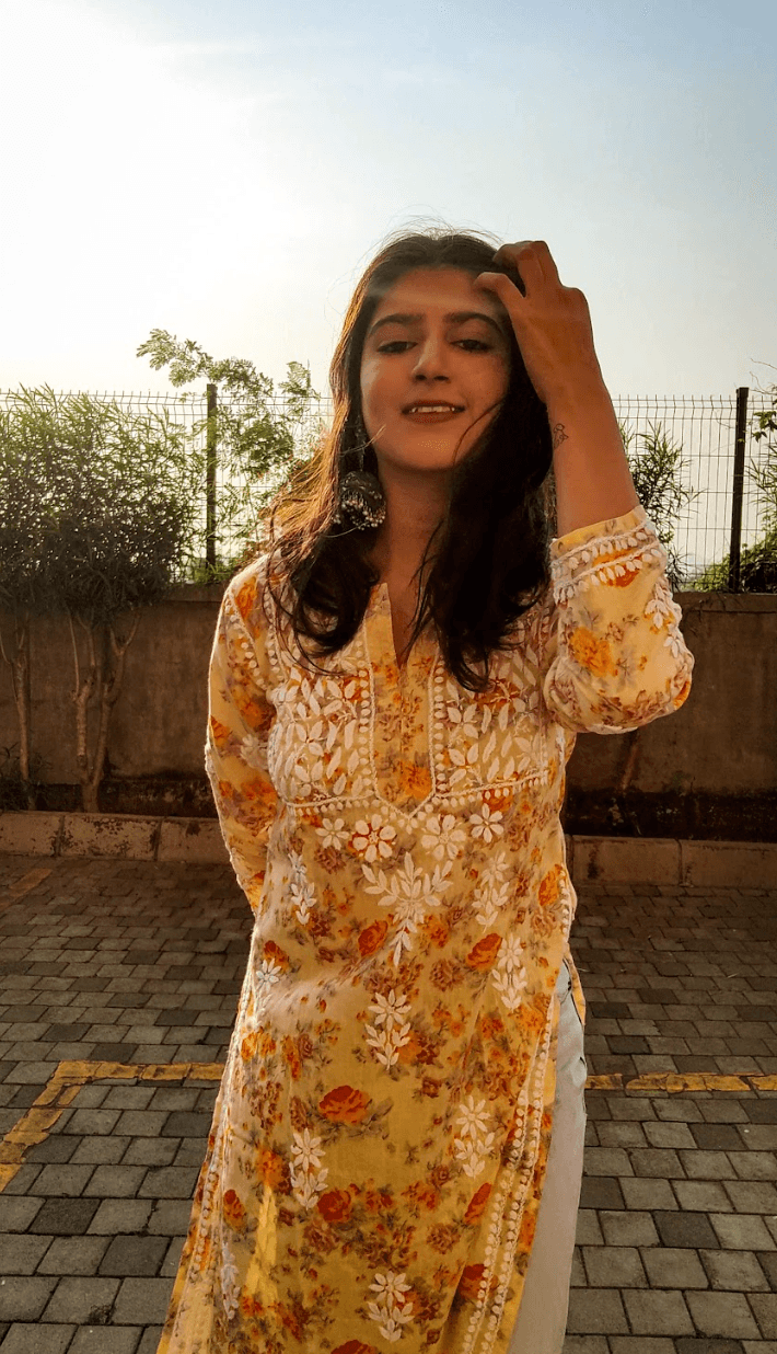 Shivani in Noor Mul Printed Hand Embroidery Chikankari Kurta- Yellow - House Of Kari (Chikankari Clothing)