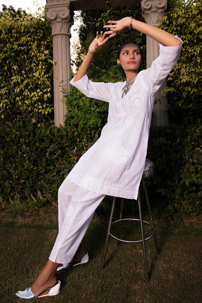 Hand embroidery Chikankari tunic-White - House Of Kari (Chikankari Clothing)